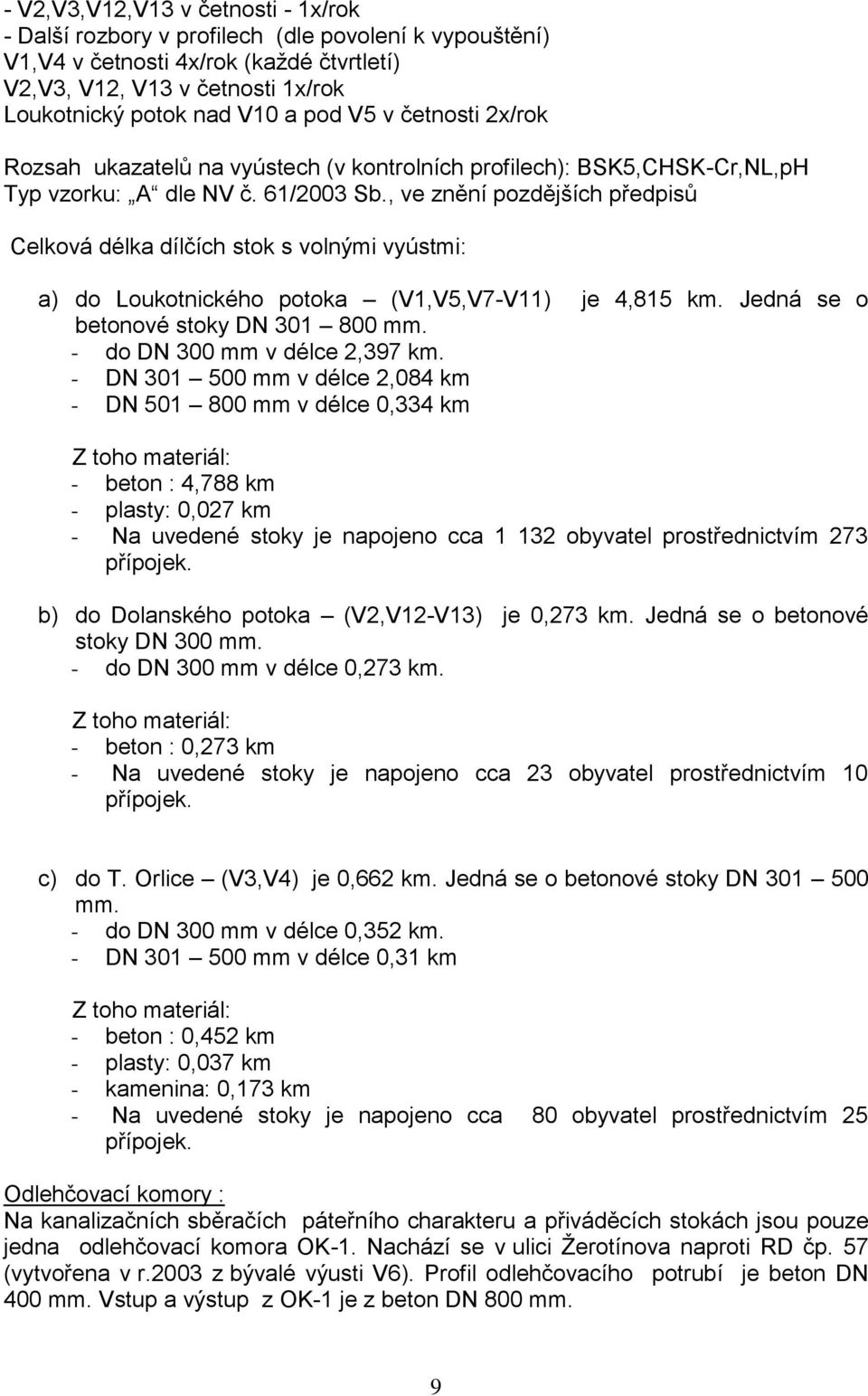 , ve znění pozdějších předpisů Celková délka dílčích stok s volnými vyústmi: a) do Loukotnického potoka (V1,V5,V7-V11) je 4,815 km. Jedná se o betonové stoky DN 301 800 mm.