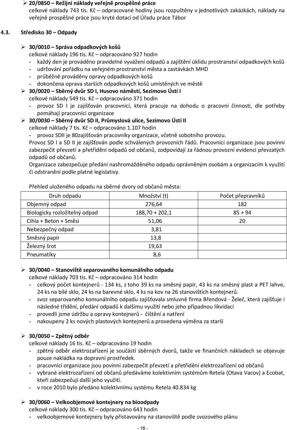 Středisko 30 Odpady 30/0010 Správa odpadkových košů celkové náklady 196 tis.