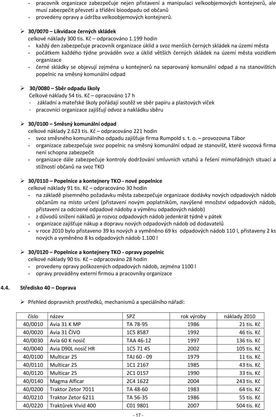 199 hodin - každý den zabezpečuje pracovník organizace úklid a svoz menších černých skládek na území města - počátkem každého týdne prováděn svoz a úklid větších černých skládek na území města