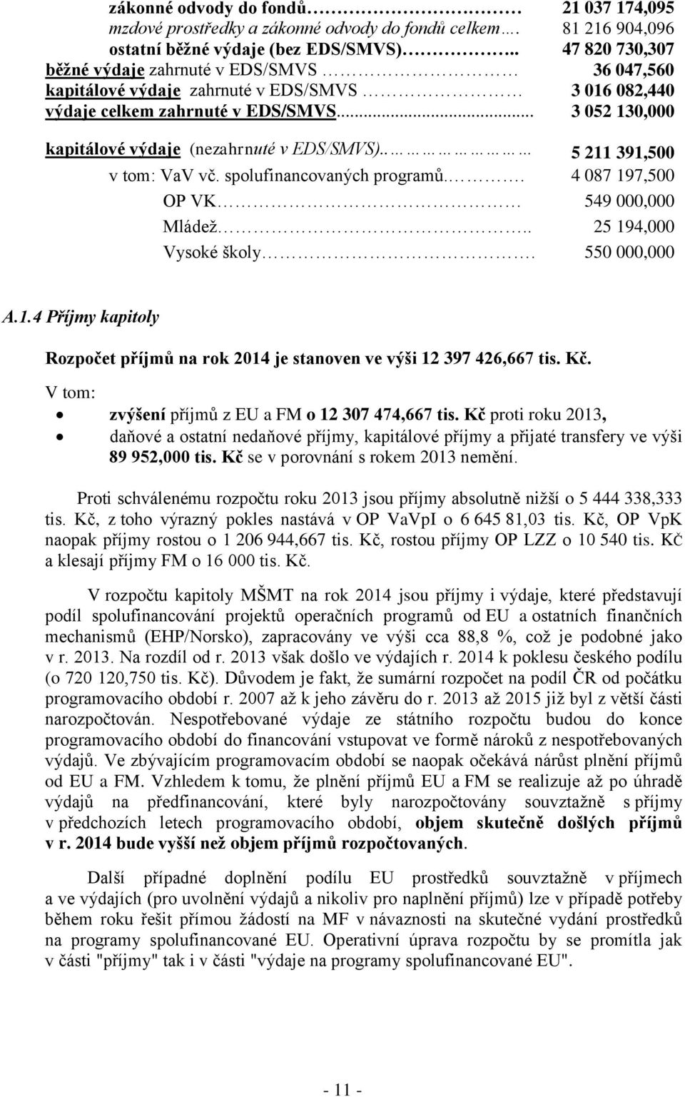 .. 3 052 130,000 kapitálové výdaje (nezahrnuté v EDS/SMVS).. 5 211 391,500 v tom: VaV vč. spolufinancovaných programů.. 4 087 197,500 OP VK 549 000,000 Mládež.. 25 194,000 Vysoké školy. 550 000,000 A.