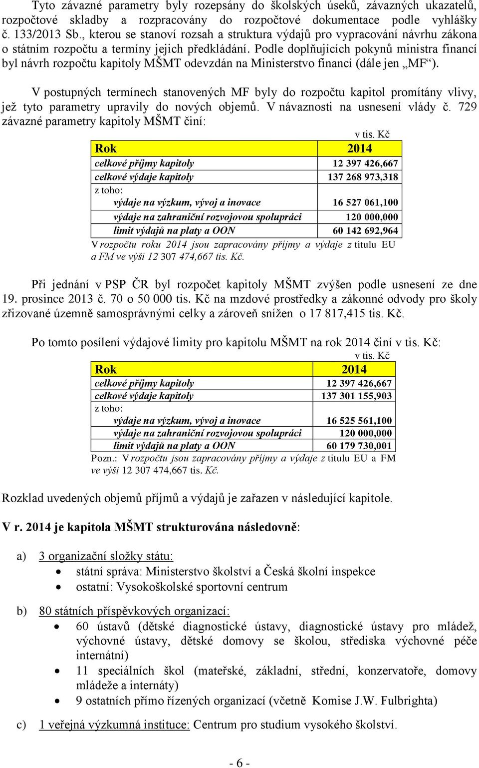 Podle doplňujících pokynů ministra financí byl návrh rozpočtu kapitoly MŠMT odevzdán na Ministerstvo financí (dále jen MF ).