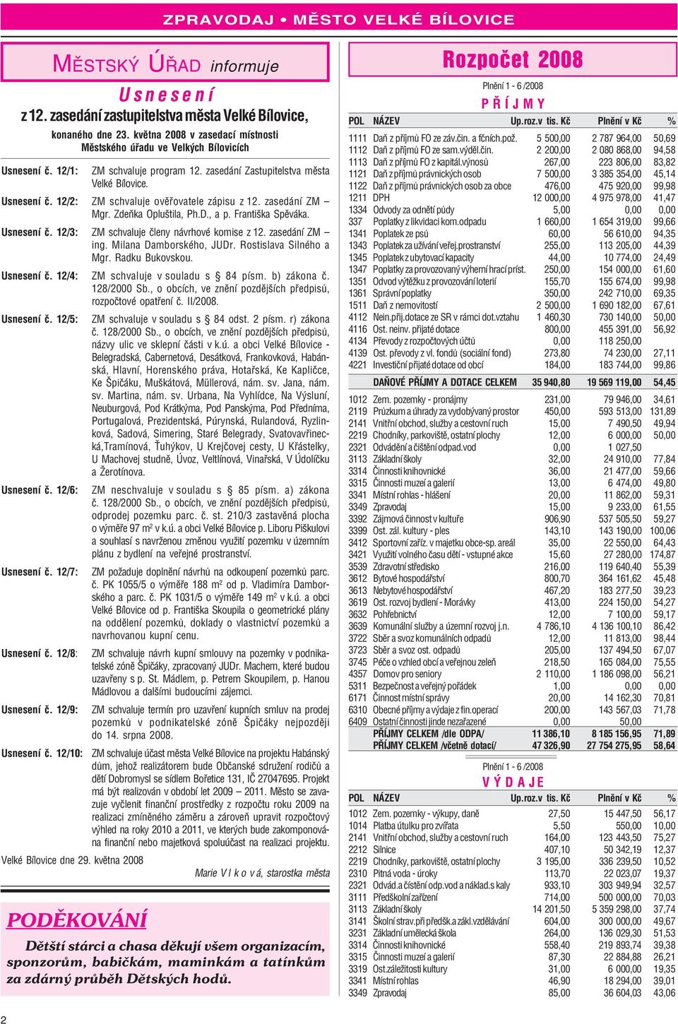 Usnesení č. 12/3: ZM schvaluje členy návrhové komise z 12. zasedání ZM ing. Milana Damborského, JUDr. Rostislava Silného a Mgr. Radku Bukovskou. Usnesení č. 12/4: ZM schvaluje v souladu s 84 písm.