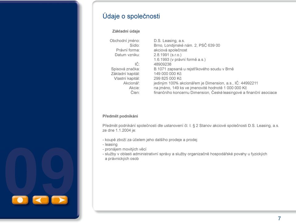 44992211 Akcie: na jméno, 149 ks ve jmenovité hodnotě 1 000 000 Kč Člen: fi nančního koncernu Dimension, České leasingové a fi nanční asociace Předmět podnikání Předmět podnikání společnosti dle
