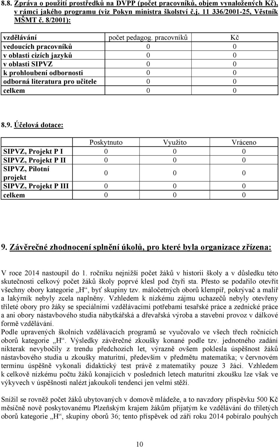 9. Účelová dotace: Poskytnuto Využito Vráceno SIPVZ, Projekt P I 0 0 0 SIPVZ, Projekt P II 0 0 0 SIPVZ, Pilotní projekt 0 0 0 SIPVZ, Projekt P III 0 0 0 celkem 0 0 0 9.