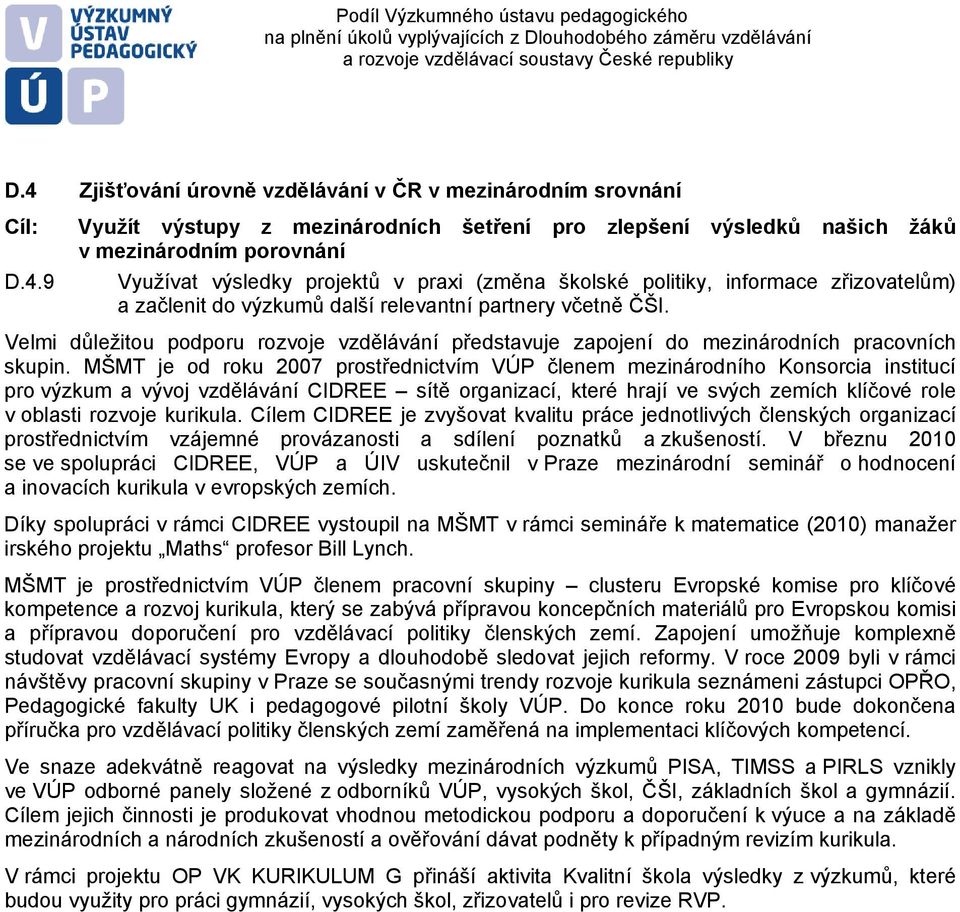 MŠMT je od roku 2007 prostřednictvím VÚP členem mezinárodního Konsorcia institucí pro výzkum a vývoj vzdělávání CIDREE sítě organizací, které hrají ve svých zemích klíčové role v oblasti rozvoje