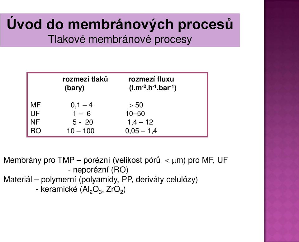 Membrány pro TMP porézní (velikost pórů < µm) pro MF, UF - neporézní (RO)