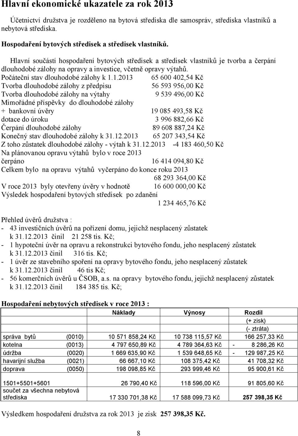 Hlavní součástí hospodaření bytových středisek a středisek vlastníků je tvorba a čerpání dlouhodobé zálohy na opravy a investice, včetně opravy výtahů. Počáteční stav dlouhodobé zálohy k 1.