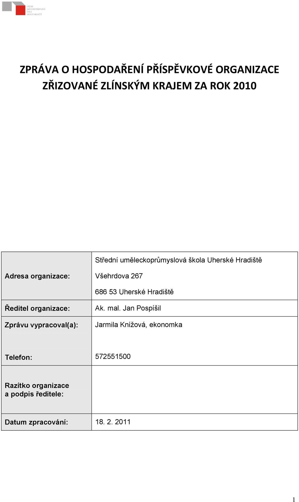 Hradiště Ředitel organizace: Zprávu vypracoval(a): Ak. mal.