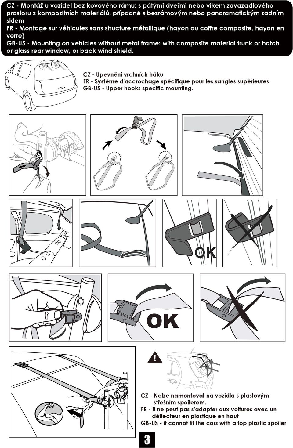 rear window, or back wind shield. CZ - Upevnění vrchních háků FR - Système d'accrochage spécifique pour les sangles supérieures GB-US - Upper hooks specific mounting.