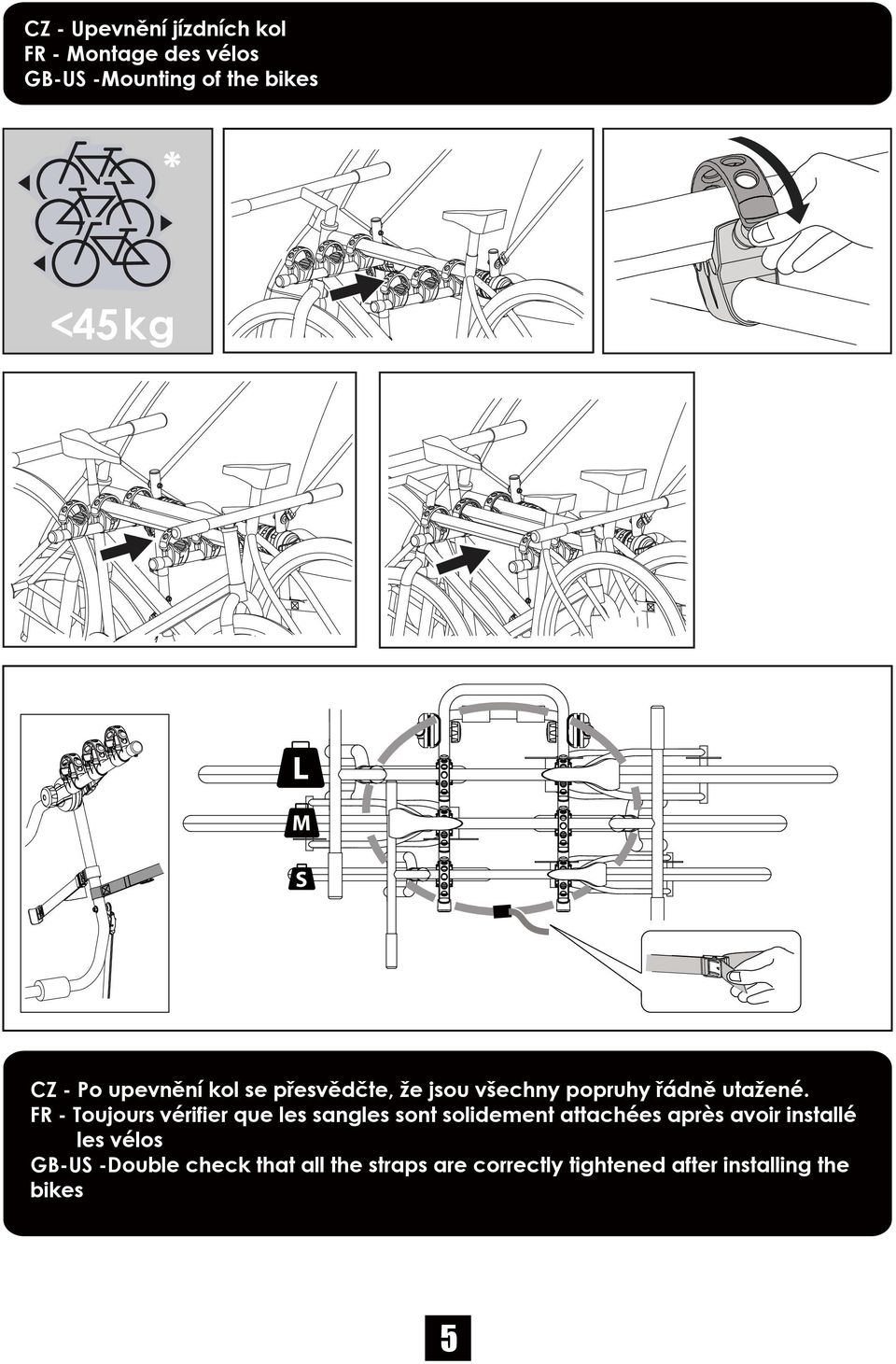 !! * <45kg Mounting of the bikes L M S L M S CZ - Po upevnění kol se přesvědčte, že jsou všechny popruhy