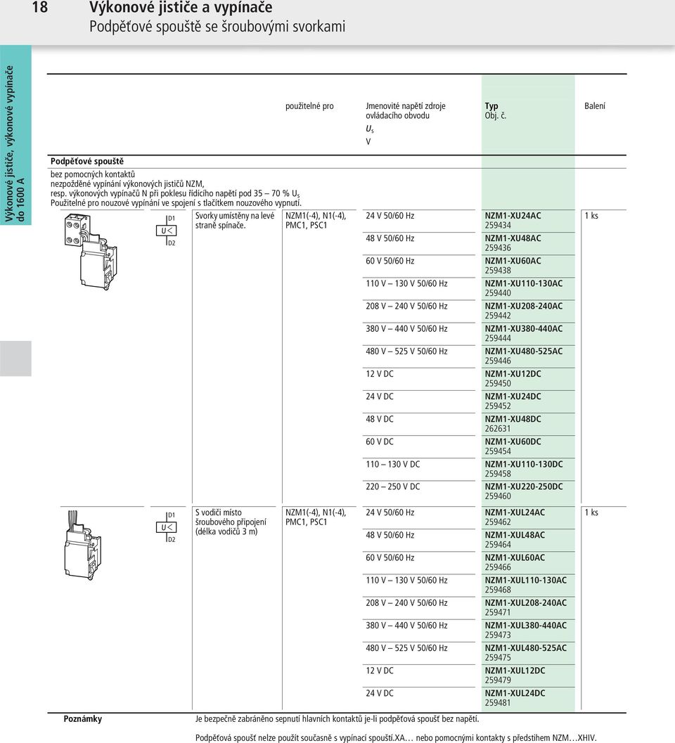 použitelné pro NZM1(-4), N1(-4), PMC1, PSC1 Jmenovité napětí zdroje ovládacího obvodu U s V Obj. č.