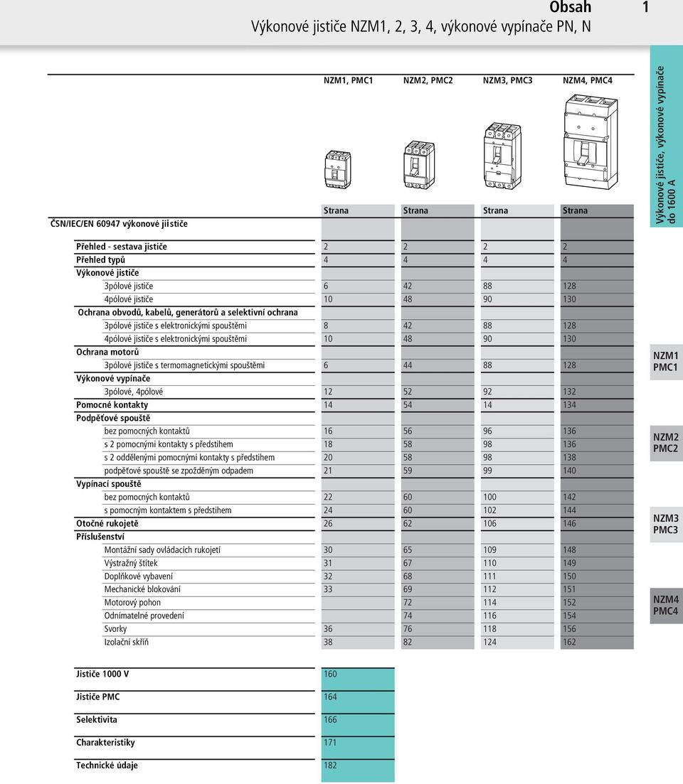 8 42 88 128 4pólové jističe s elektronickými spouštěmi 10 48 90 130 Ochrana motorů 3pólové jističe s termomagnetickými spouštěmi 6 44 88 128 Výkonové vypínače 3pólové, 4pólové 12 52 92 132 Pomocné