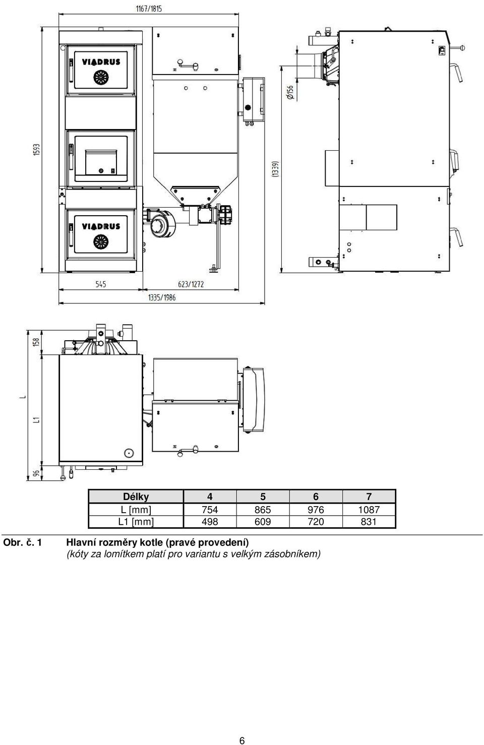 1 Hlavní rozměry kotle (pravé provedení)