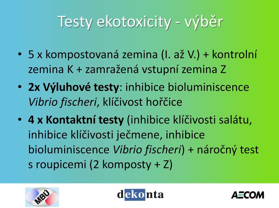 bioluminiscence Vibrio fischeri, klíčivost hořčice 4 x Kontaktní testy (inhibice