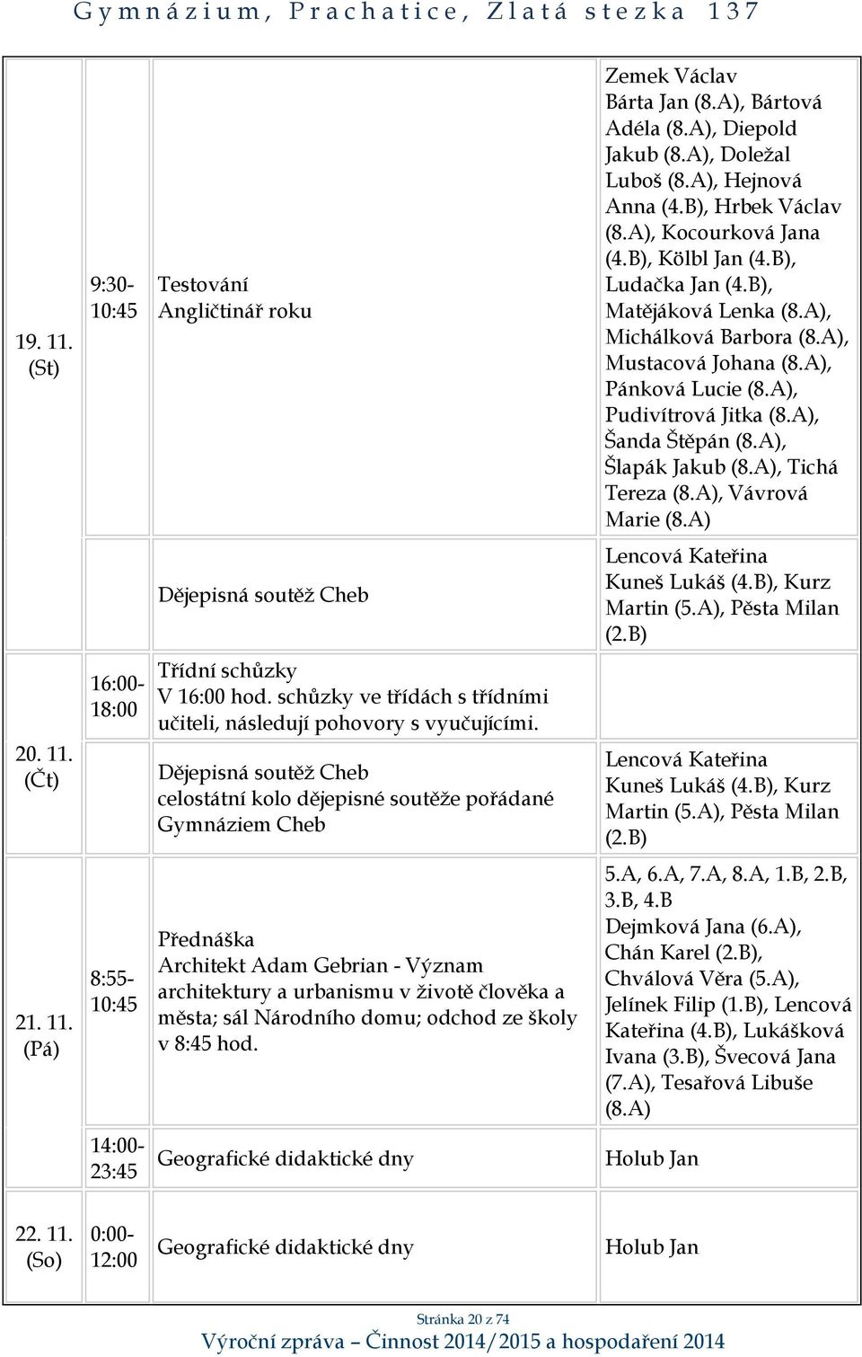 A), Šlapák Jakub (8.A), Tichá Tereza (8.A), Vávrová Marie (8.A) Dějepisná soutěž Cheb Lencová Kateřina Kuneš Lukáš (4.B), Kurz Martin (5.A), Pěsta Milan (2.B) 20. 11.