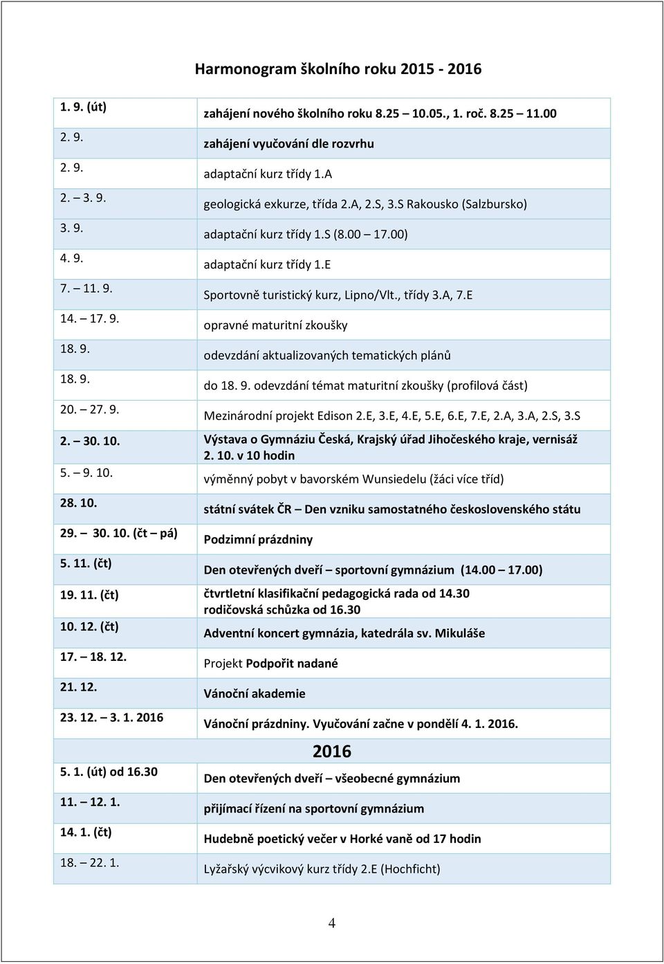 E Sportovně turistický kurz, Lipno/Vlt., třídy 3.A, 7.E opravné maturitní zkoušky odevzdání aktualizovaných tematických plánů do 18. 9.