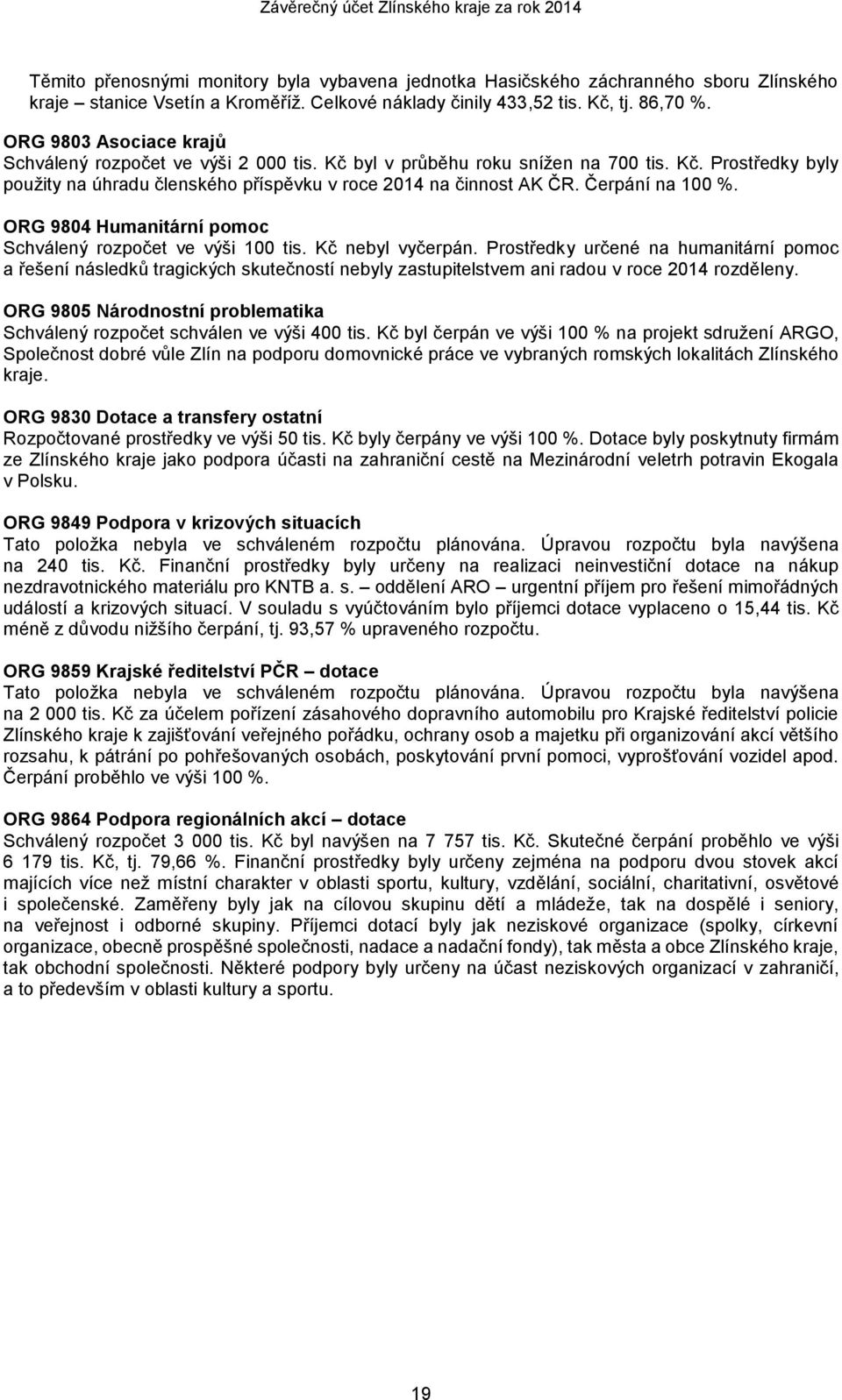 Čerpání na 100 %. ORG 9804 Humanitární pomoc Schválený rozpočet ve výši 100 tis. Kč nebyl vyčerpán.