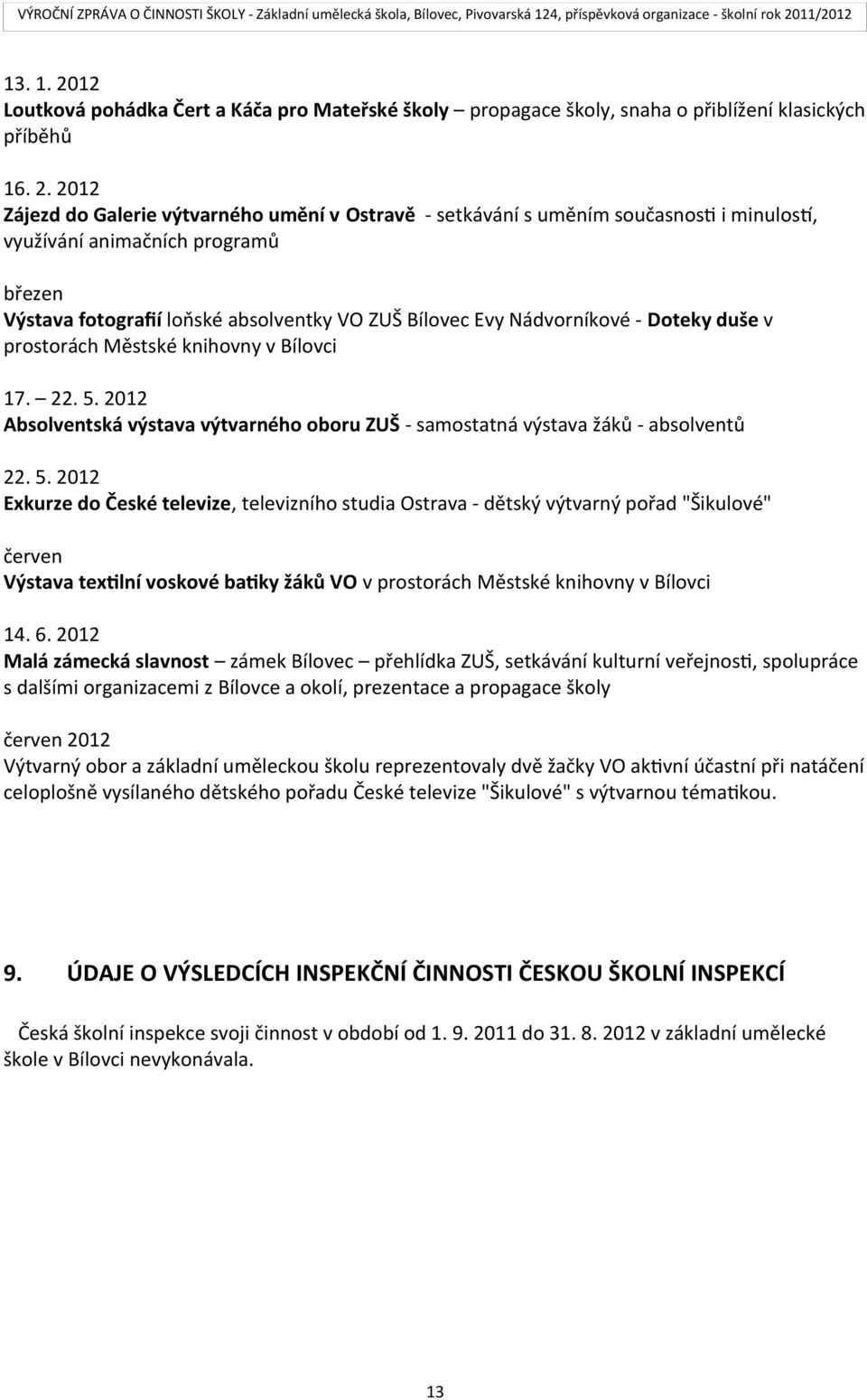 2012 Zájezd do Galerie výtvarného umění v Ostravě - setkávání s uměním současnost i minulost, využívání animačních programů březen Výstava fotografií loňské absolventky VO ZUŠ Bílovec Evy