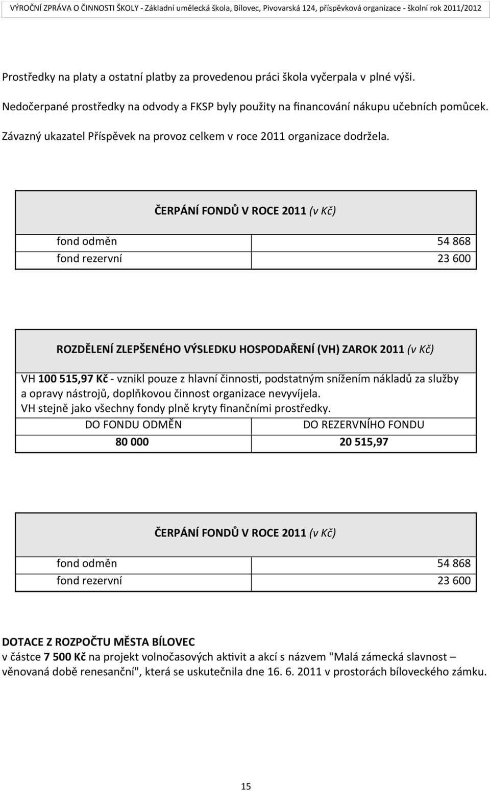 ČERPÁNÍ FONDŮ V ROCE 2011 (v Kč) fond odměn 54 868 fond rezervní 23 600 ROZDĚLENÍ ZLEPŠENÉHO VÝSLEDKU HOSPODAŘENÍ (VH) ZAROK 2011 (v Kč) VH 100 515,97 Kč - vznikl pouze z hlavní činnost, podstatným