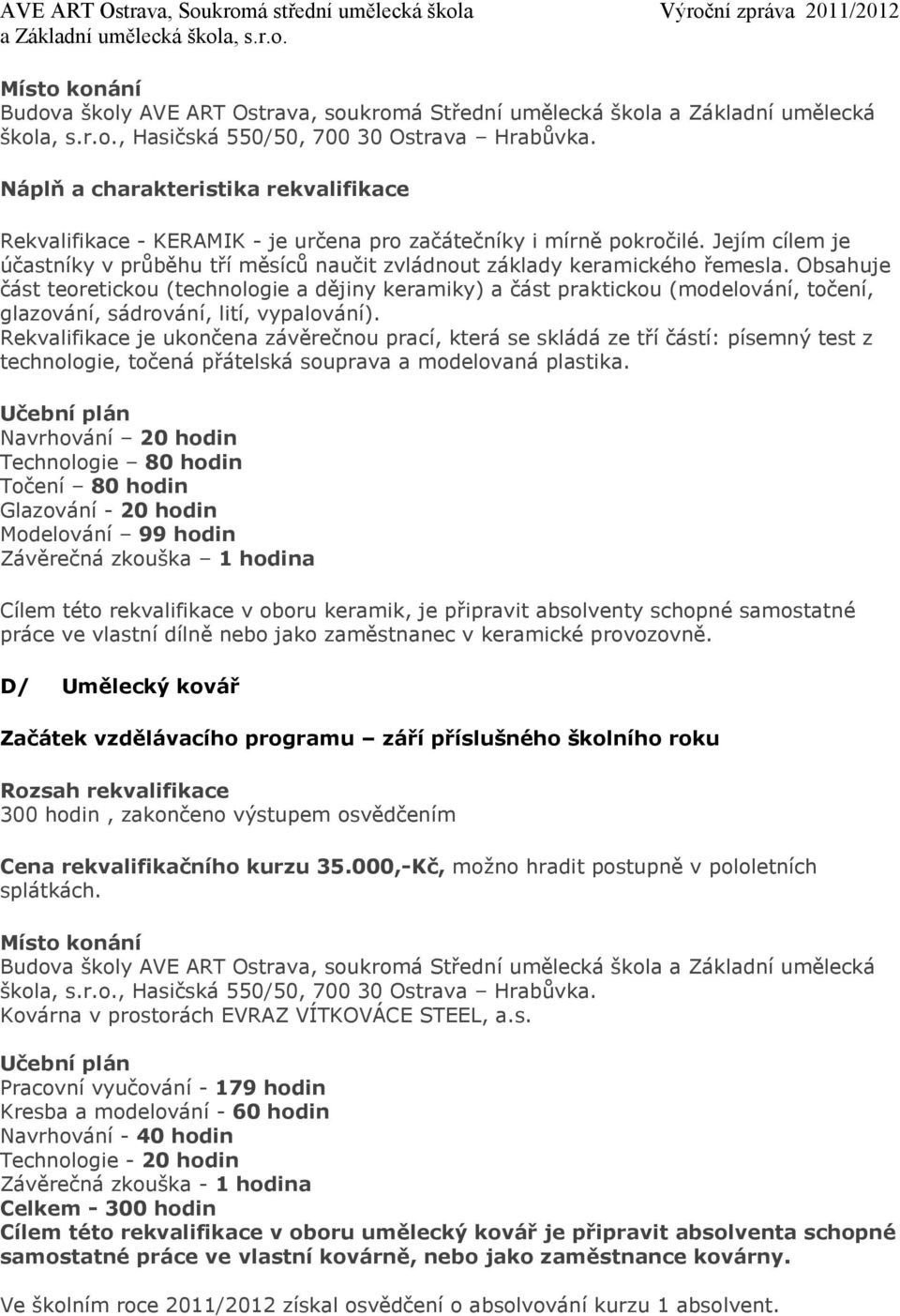 Obsahuje část teoretickou (technologie a dějiny keramiky) a část praktickou (modelování, točení, glazování, sádrování, lití, vypalování).