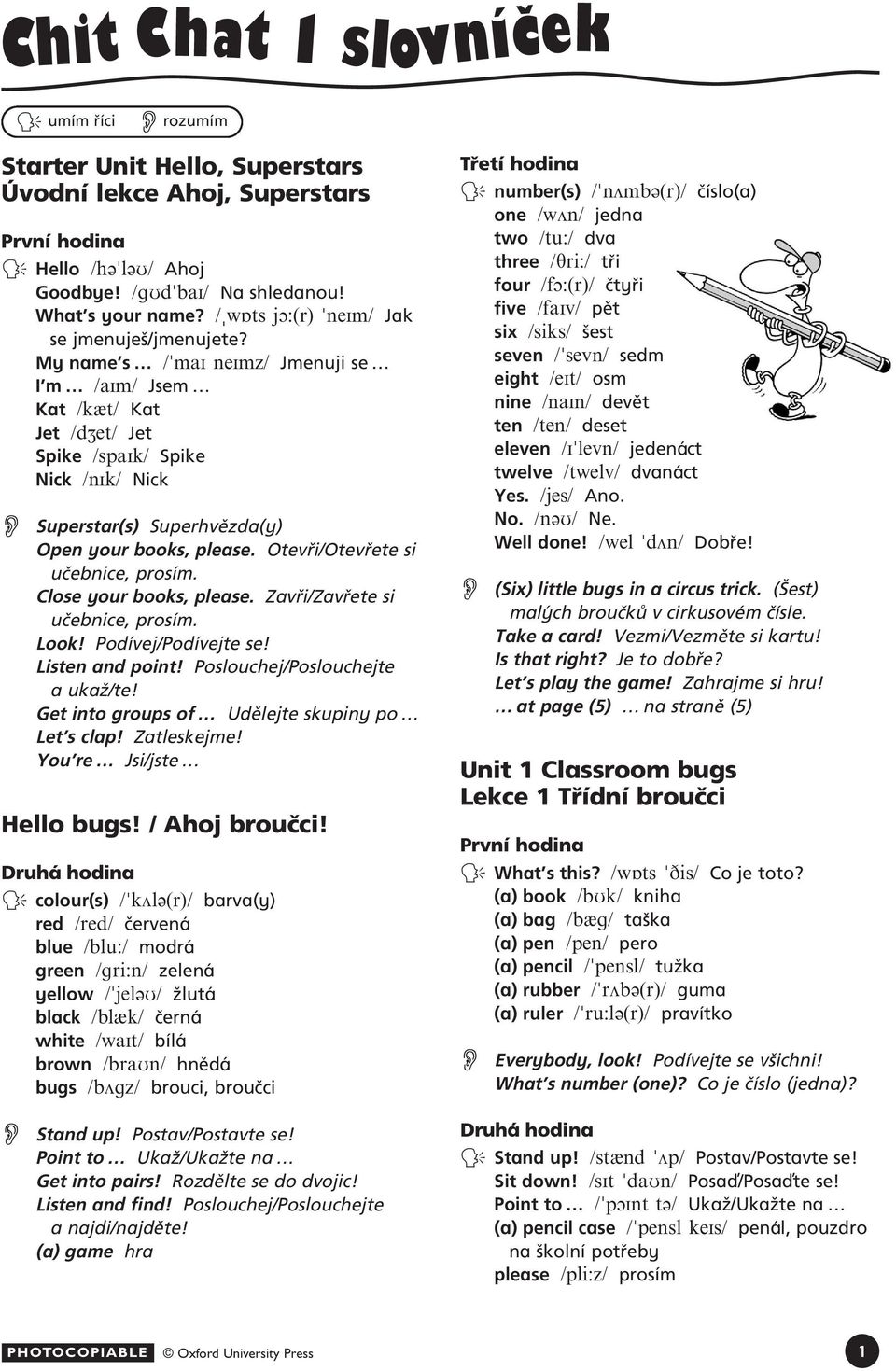 My name s /"mai neimz/ Jmenuji se I m /aim/ Jsem Kat /k&t/ Kat Jet /dzet/ Jet Spike /spaik/ Spike Nick /nik/ Nick Superstar(s) Superhvûzda(y) Open your books, please.