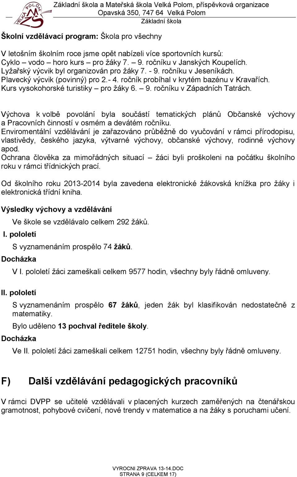 Kurs vysokohorské turistiky pro žáky 6. 9. ročníku v Západních Tatrách. Výchova k volbě povolání byla součástí tematických plánů Občanské výchovy a Pracovních činností v osmém a devátém ročníku.