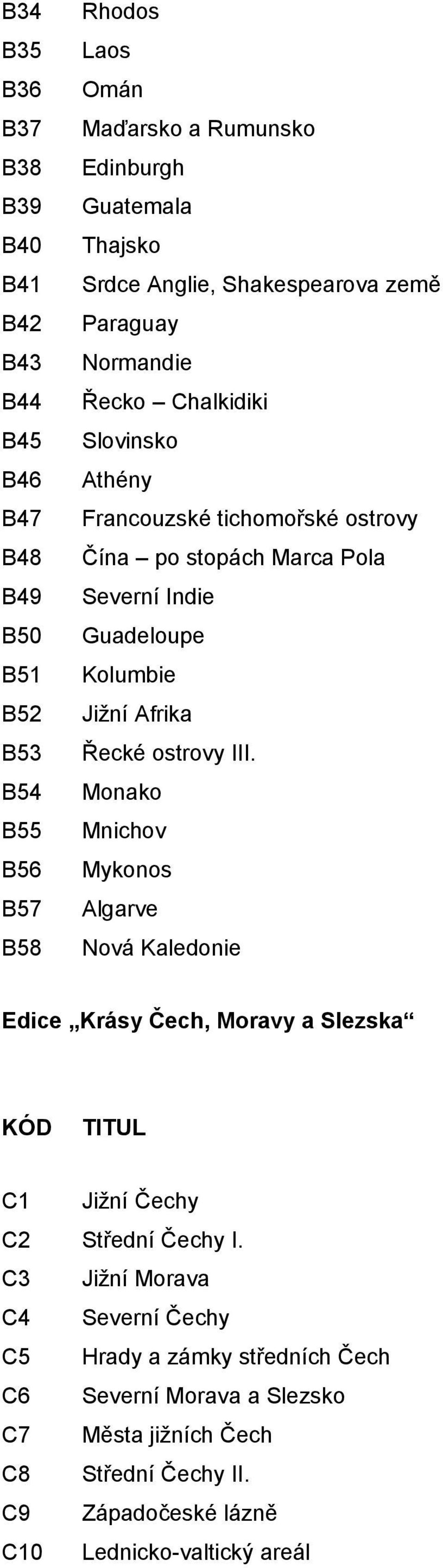 Kolumbie Jižní Afrika Řecké ostrovy III. Monako Mnichov Mykonos Algarve Nová Kaledonie Edice Krásy Čech, Moravy a Slezska KÓD TITUL C1 Jižní Čechy C2 Střední Čechy I.