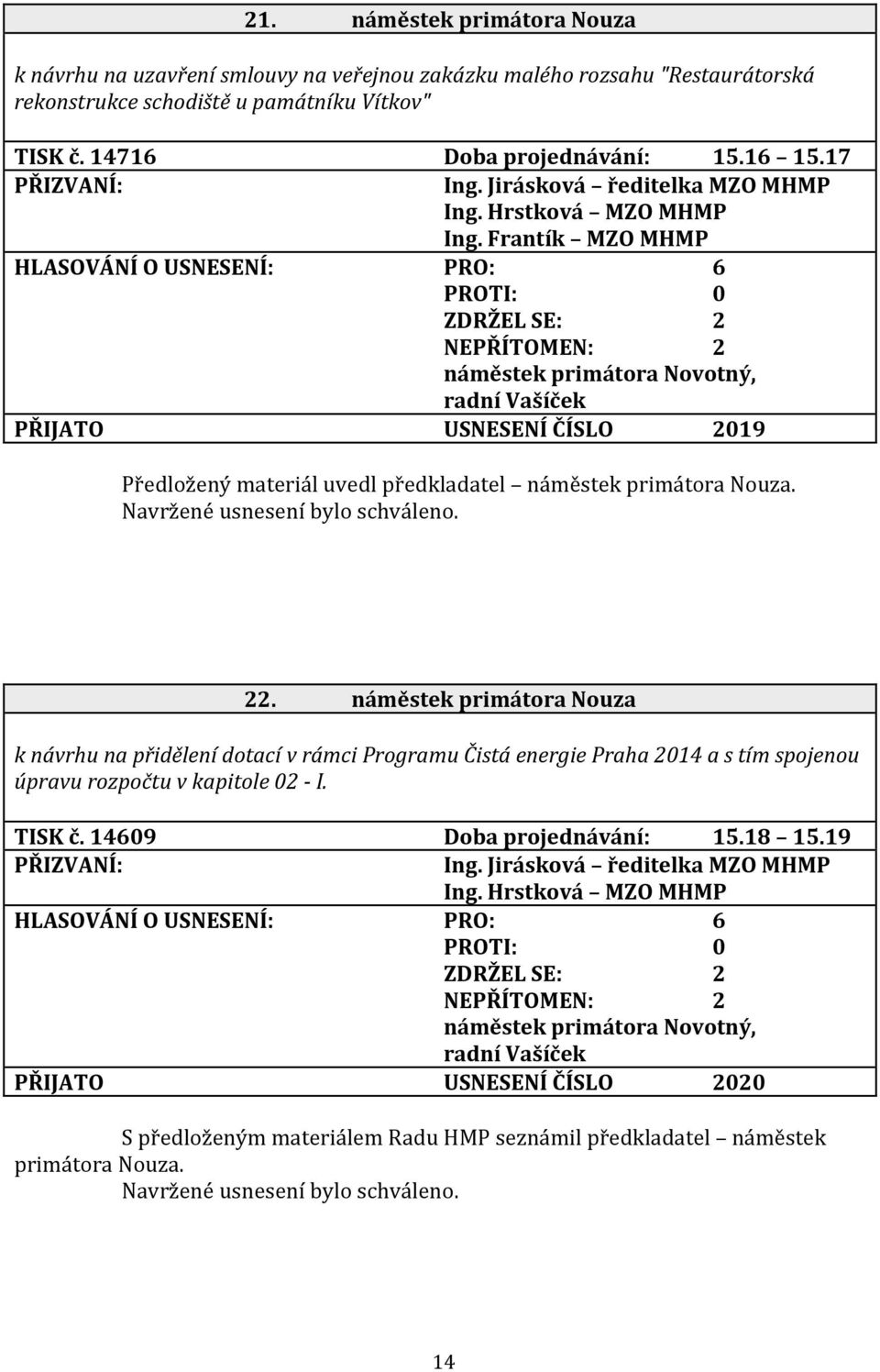 Frantík MZO MHMP PŘIJATO USNESENÍ ČÍSLO 2019 Předložený materiál uvedl předkladatel náměstek primátora Nouza. 22.
