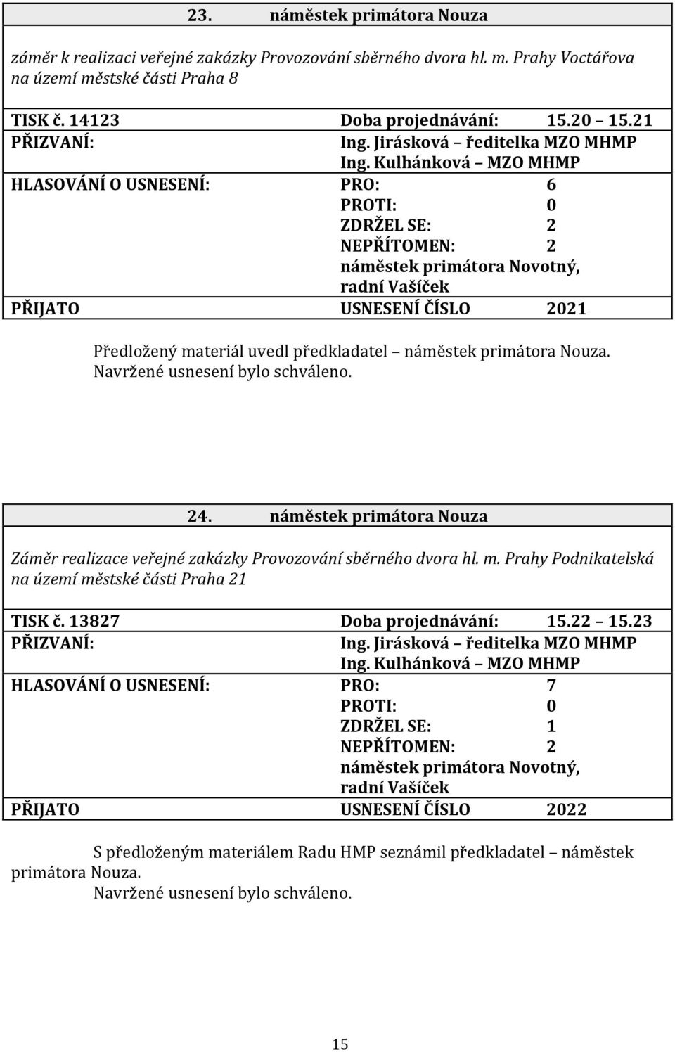 náměstek primátora Nouza Záměr realizace veřejné zakázky Provozování sběrného dvora hl. m. Prahy Podnikatelská na území městské části Praha 21 TISK č. 13827 Doba projednávání: 15.22 15.