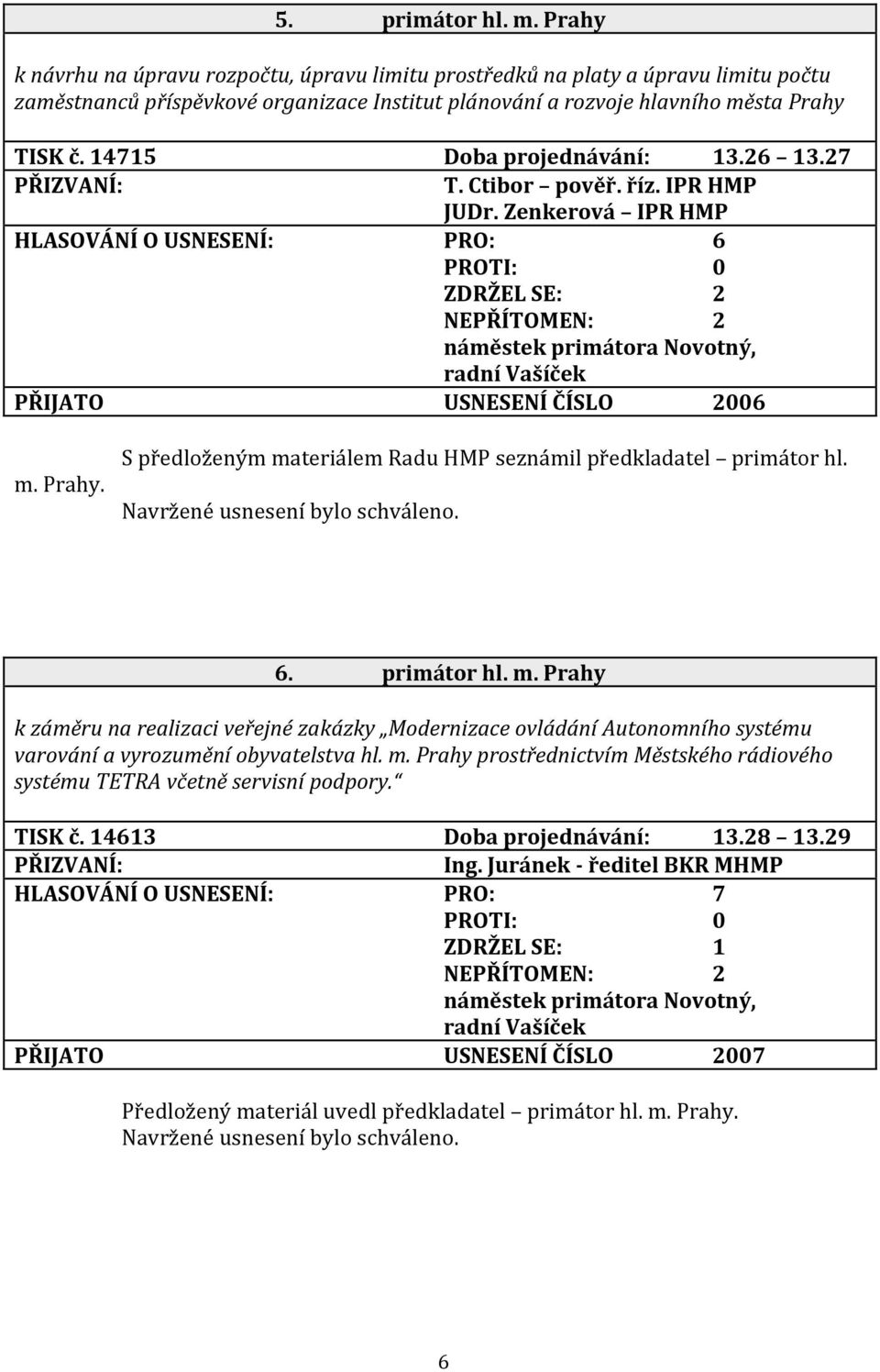 14715 Doba projednávání: 13.26 13.27 T. Ctibor pověř. říz. IPR HMP JUDr. Zenkerová IPR HMP PŘIJATO USNESENÍ ČÍSLO 2006 m. Prahy. S předloženým materiálem Radu HMP seznámil předkladatel primátor hl. 6.