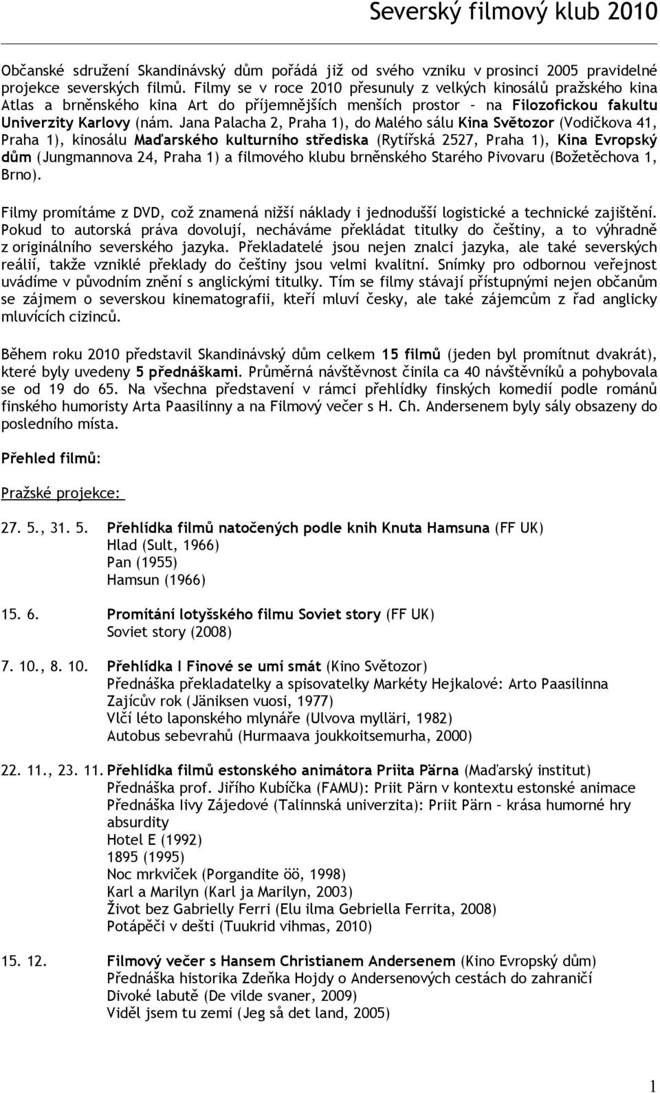 Jana Palacha 2, Praha 1), do Malého sálu Kina Světozor (Vodičkova 41, Praha 1), kinosálu Maďarského kulturního střediska (Rytířská 2527, Praha 1), Kina Evropský dům (Jungmannova 24, Praha 1) a