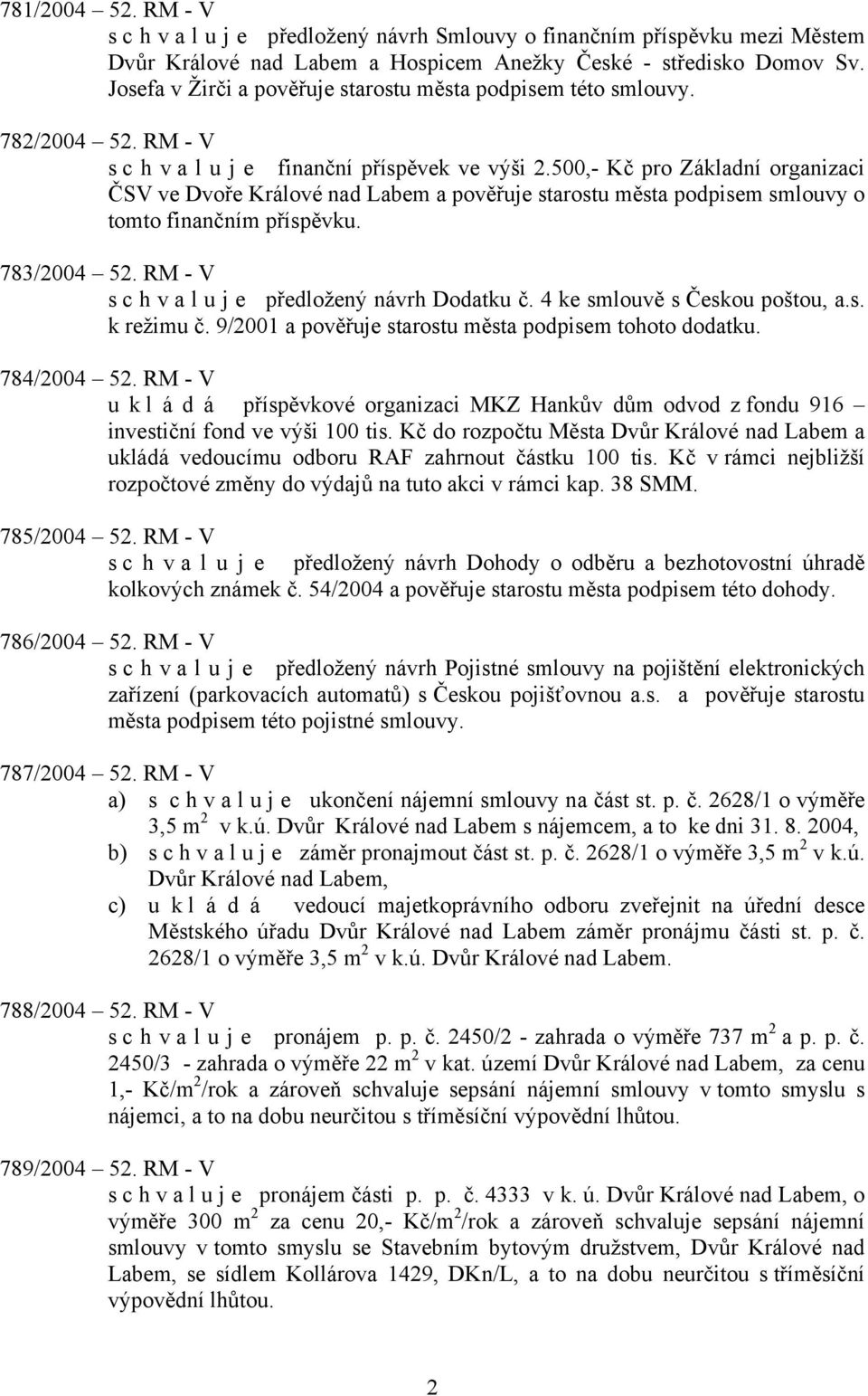 500,- Kč pro Základní organizaci ČSV ve Dvoře Králové nad Labem a pověřuje starostu města podpisem smlouvy o tomto finančním příspěvku. 783/2004 52.