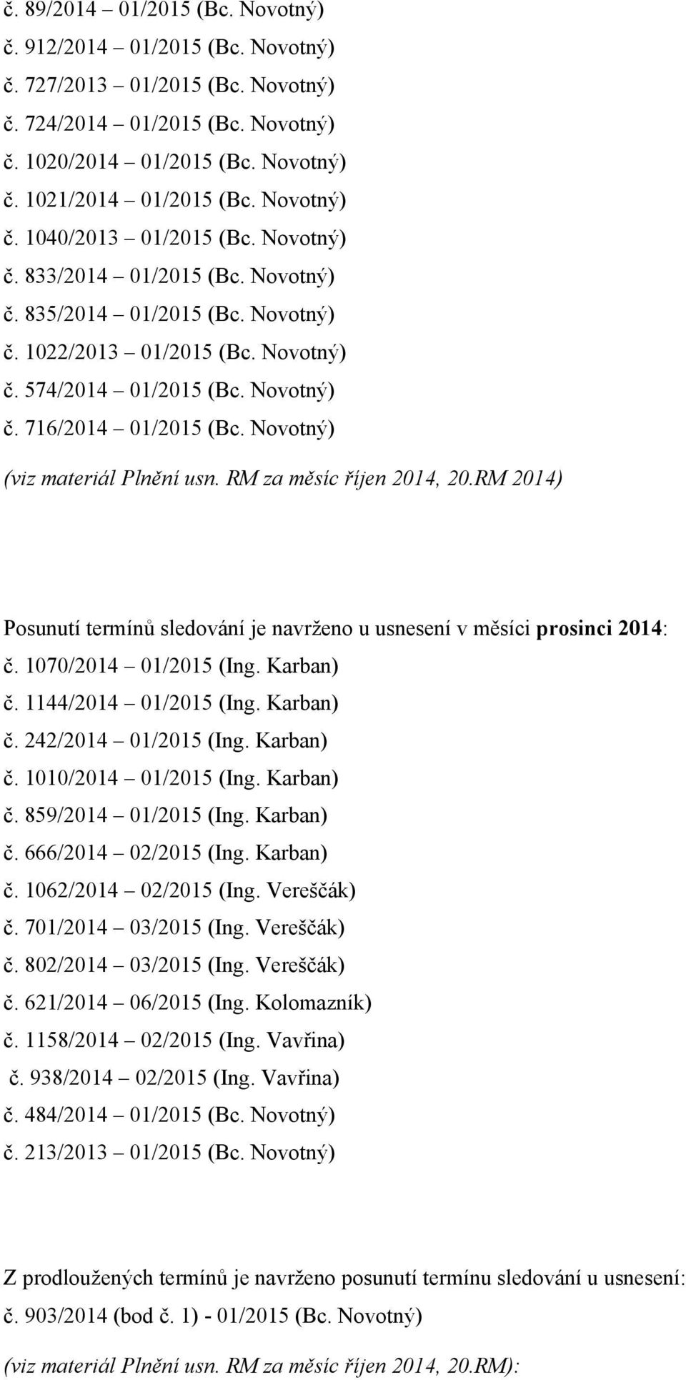 Novotný) (viz materiál Plnění usn. RM za měsíc říjen 2014, 20.RM 2014) Posunutí termínů sledování je navrženo u usnesení v měsíci prosinci 2014: č. 1070/2014 01/2015 (Ing. Karban) č.