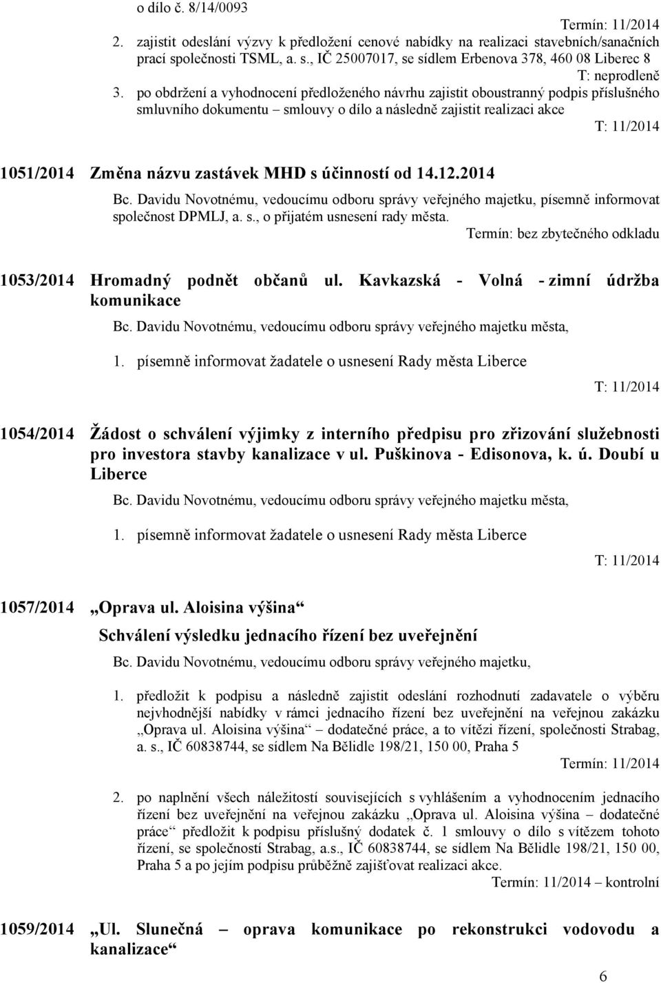 účinností od 14.12.2014 písemně informovat společnost DPMLJ, a. s., o přijatém usnesení rady města. Termín: bez zbytečného odkladu 1053/2014 Hromadný podnět občanů ul.