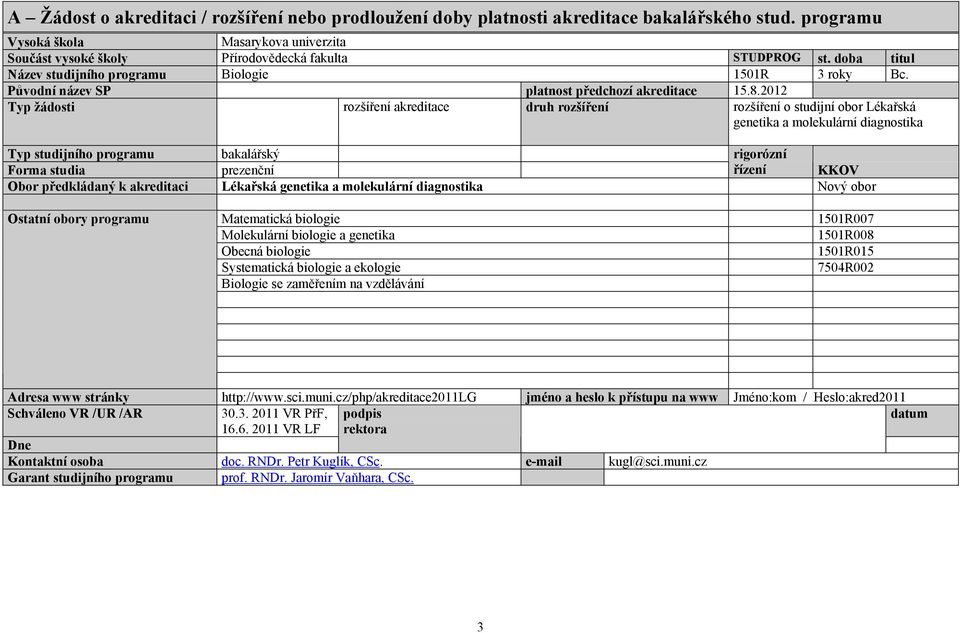 2012 Typ žádosti rozšíření akreditace druh rozšíření rozšíření o studijní obor Lékařská genetika a molekulární diagnostika Typ studijního programu bakalářský rigorózní Forma studia prezenční řízení