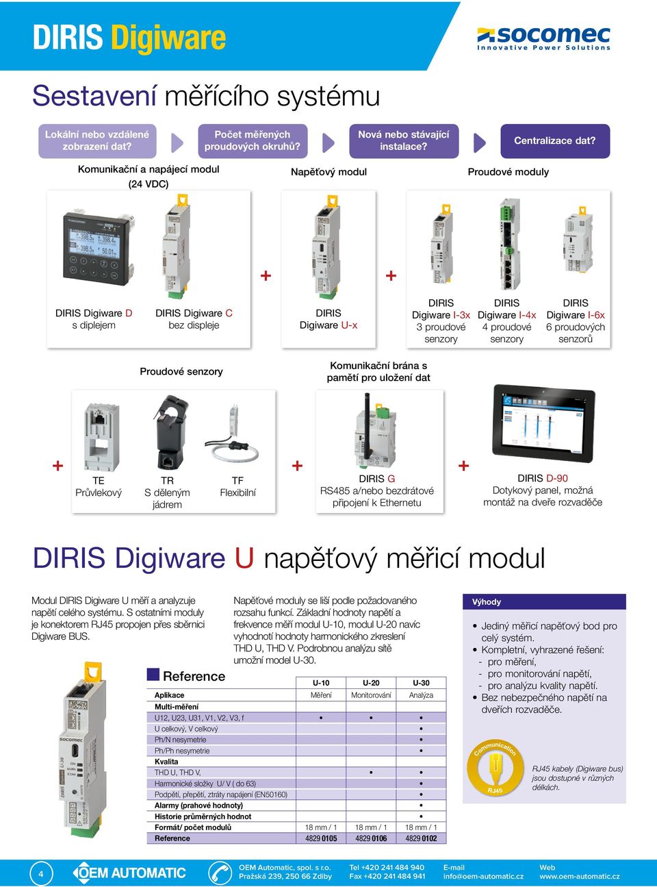 Digiware I-4x 4 proudové senzory DIRIS Digiware I-6x 6 proudových senzorů Proudové senzory Komunikační brána s pamětí pro uložení dat + + + TE Průvlekový TR S děleným jádrem TF Flexibilní DIRIS G