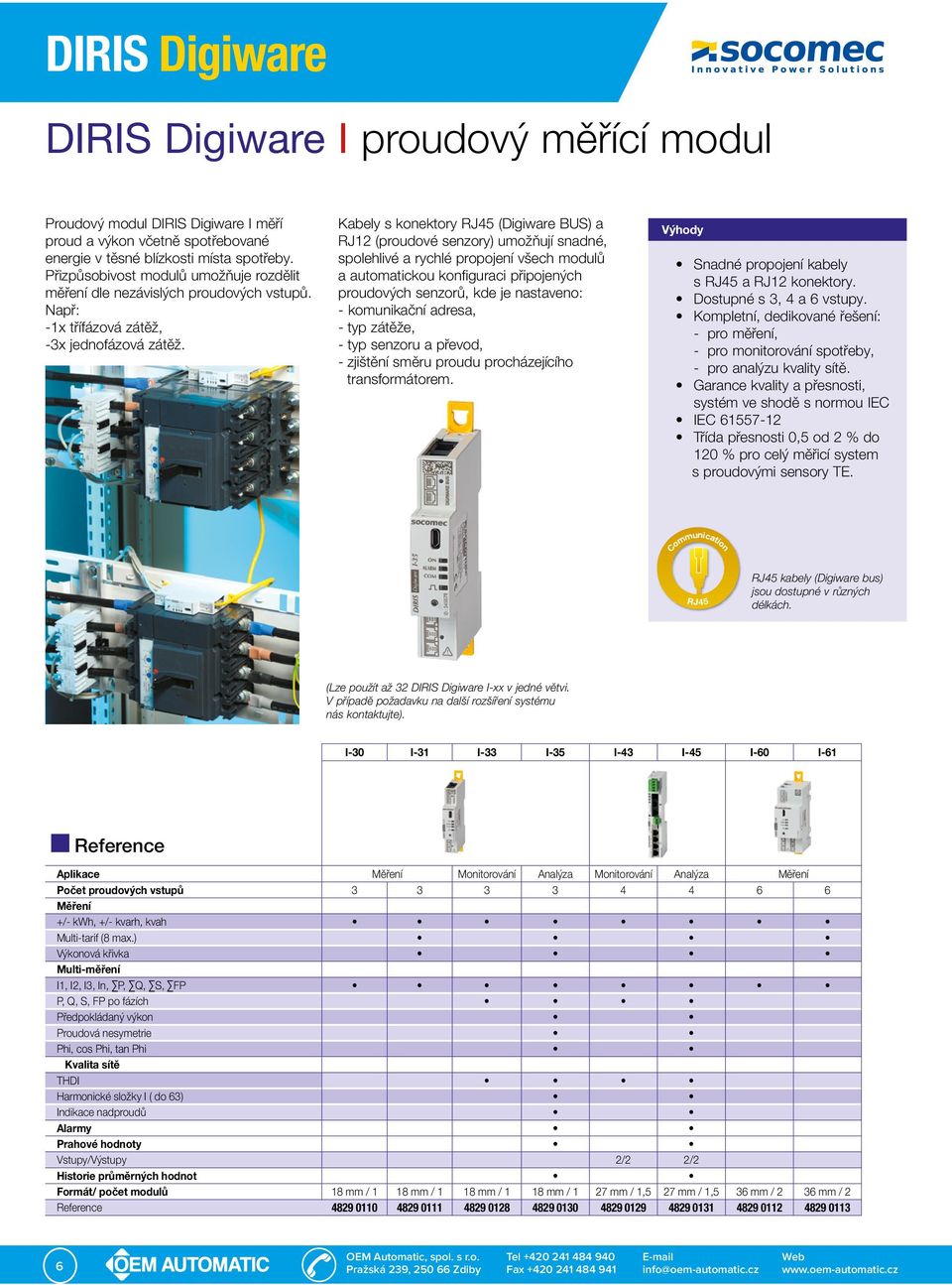 Kabely s konektory RJ45 (Digiware BUS a RJ12 (proudové senzory umožňují snadné, spolehlivé a rychlé propojení všech modulů a automatickou konfiguraci připojených proudových senzorů, kde je nastaveno: