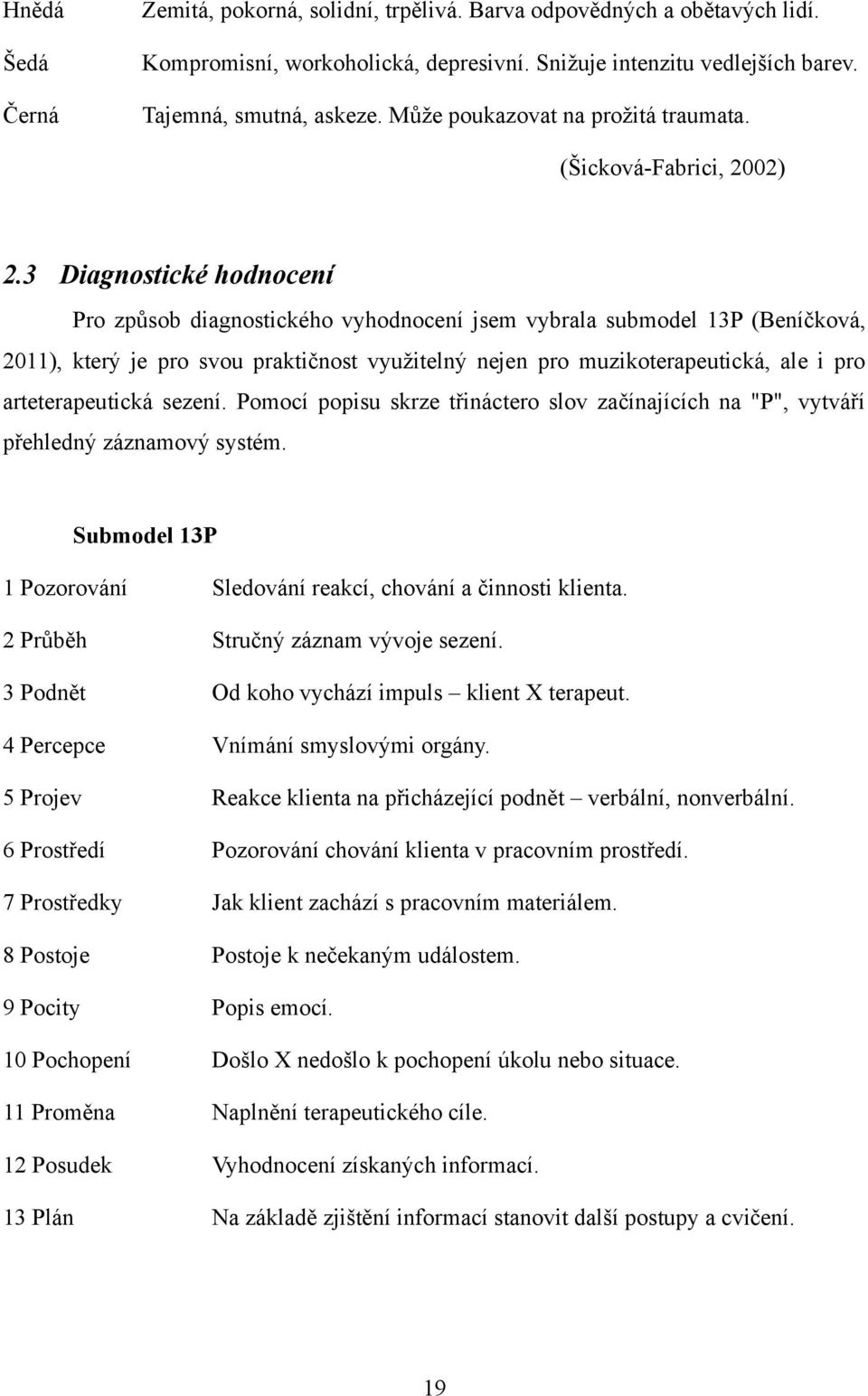 3 Diagnostické hodnocení Pro způsob diagnostického vyhodnocení jsem vybrala submodel 13P (Beníčková, 2011), který je pro svou praktičnost využitelný nejen pro muzikoterapeutická, ale i pro