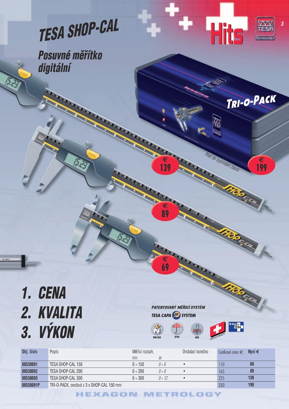 číslo Popis Měřicí rozsah, Ovládací kolečko Ceníková in 00530091 TESA SHOP-CAL 150 0 150 0 6 110 69 00530092