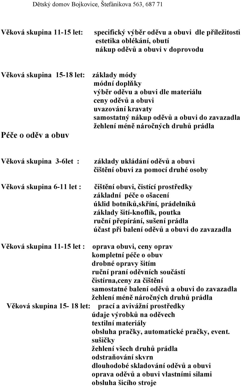 6-11 let : základy ukládání oděvů a obuvi čištění obuvi za pomocí druhé osoby čištění obuvi, čistící prostředky základní péče o ošacení úklid botníků,skříní, prádelníků základy šití-knoflík, poutka