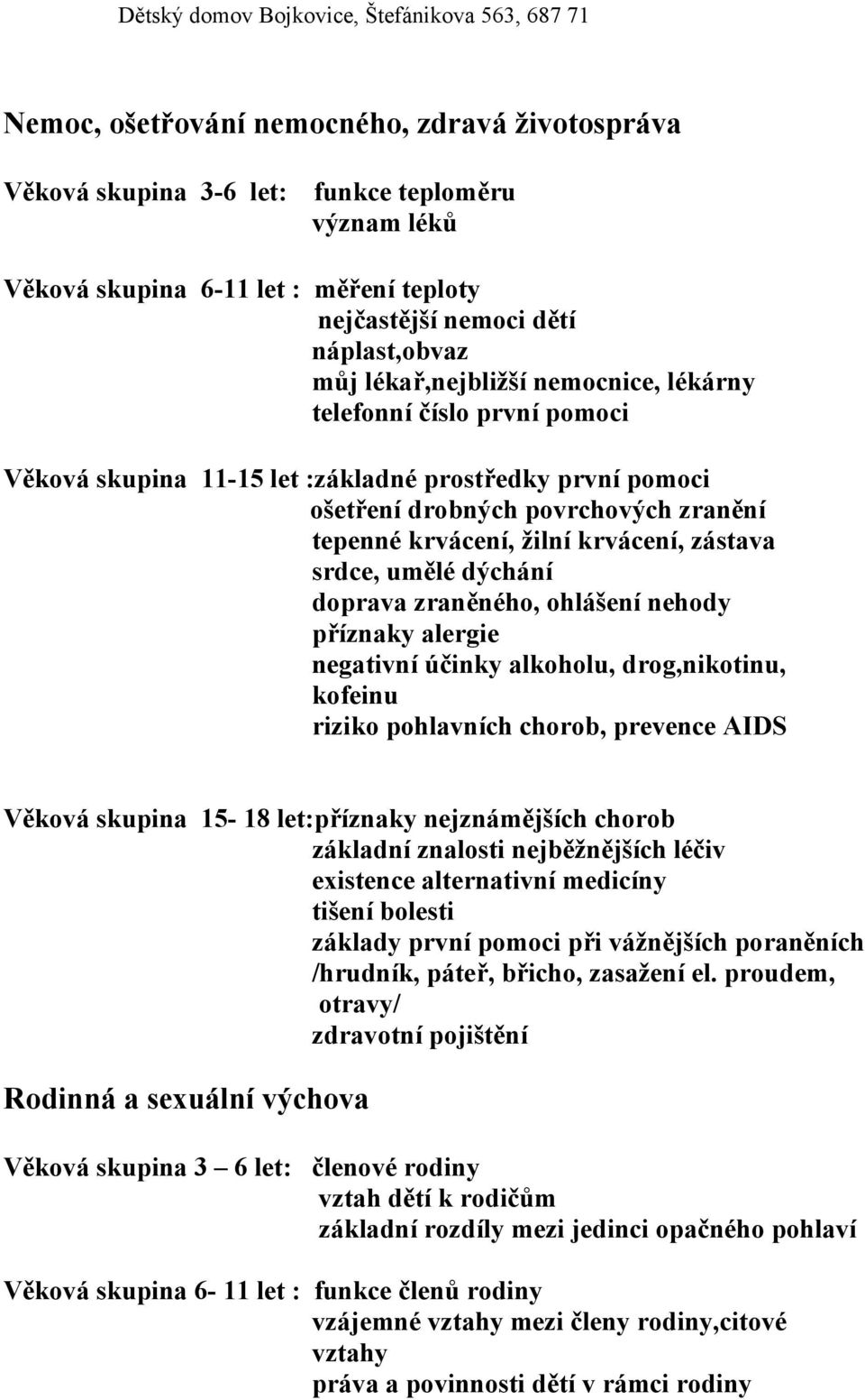 zástava srdce, umělé dýchání doprava zraněného, ohlášení nehody příznaky alergie negativní účinky alkoholu, drog,nikotinu, kofeinu riziko pohlavních chorob, prevence AIDS Věková skupina 15-18