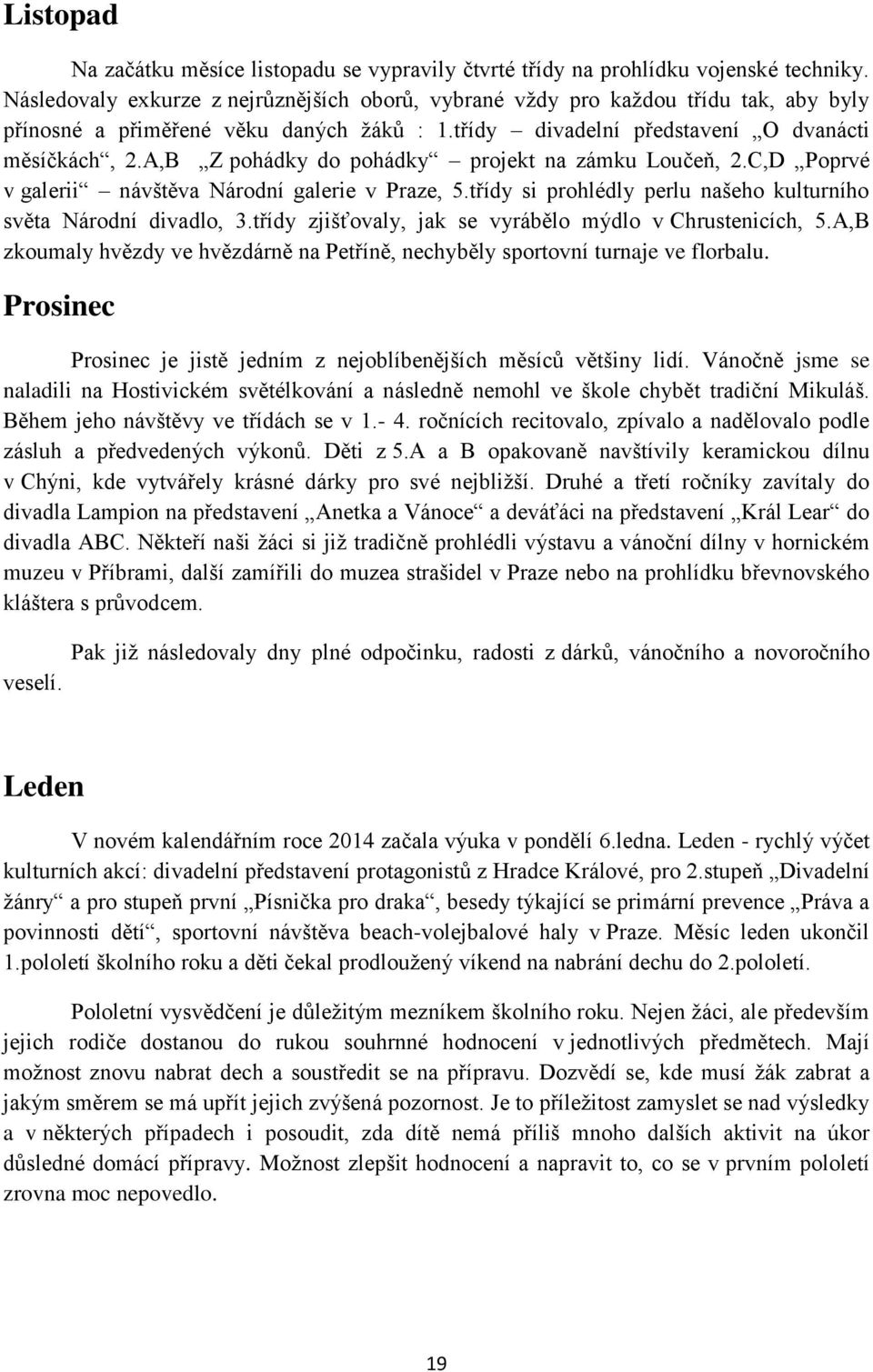 A,B Z pohádky do pohádky projekt na zámku Loučeň, 2.C,D Poprvé v galerii návštěva Národní galerie v Praze, 5.třídy si prohlédly perlu našeho kulturního světa Národní divadlo, 3.