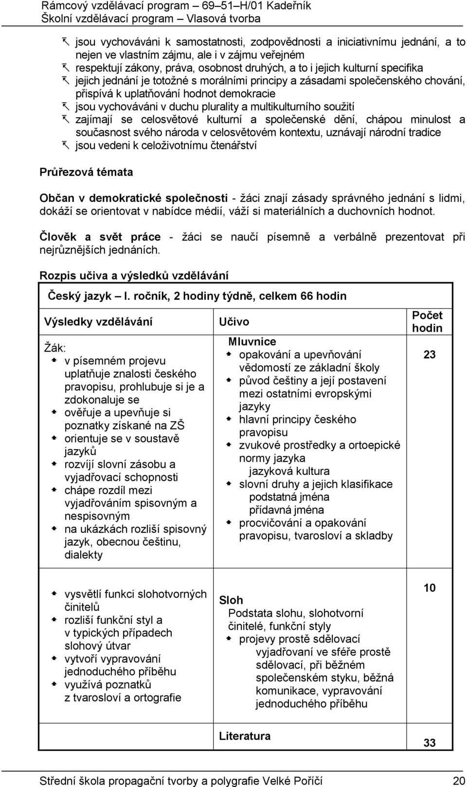 zajímají se celosvětové kulturní a společenské dění, chápou minulost a současnost svého národa v celosvětovém kontextu, uznávají národní tradice jsou vedeni k celoživotnímu čtenářství Průřezová