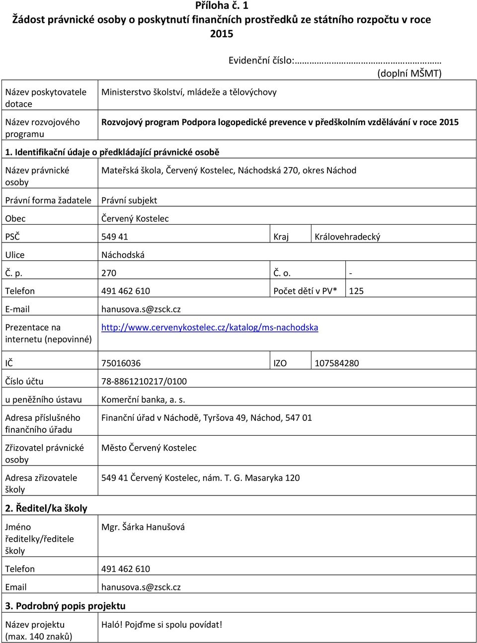 školství, mládeže a tělovýchovy Rozvojový program Podpora logopedické prevence v předškolním vzdělávání v roce 2015 1.