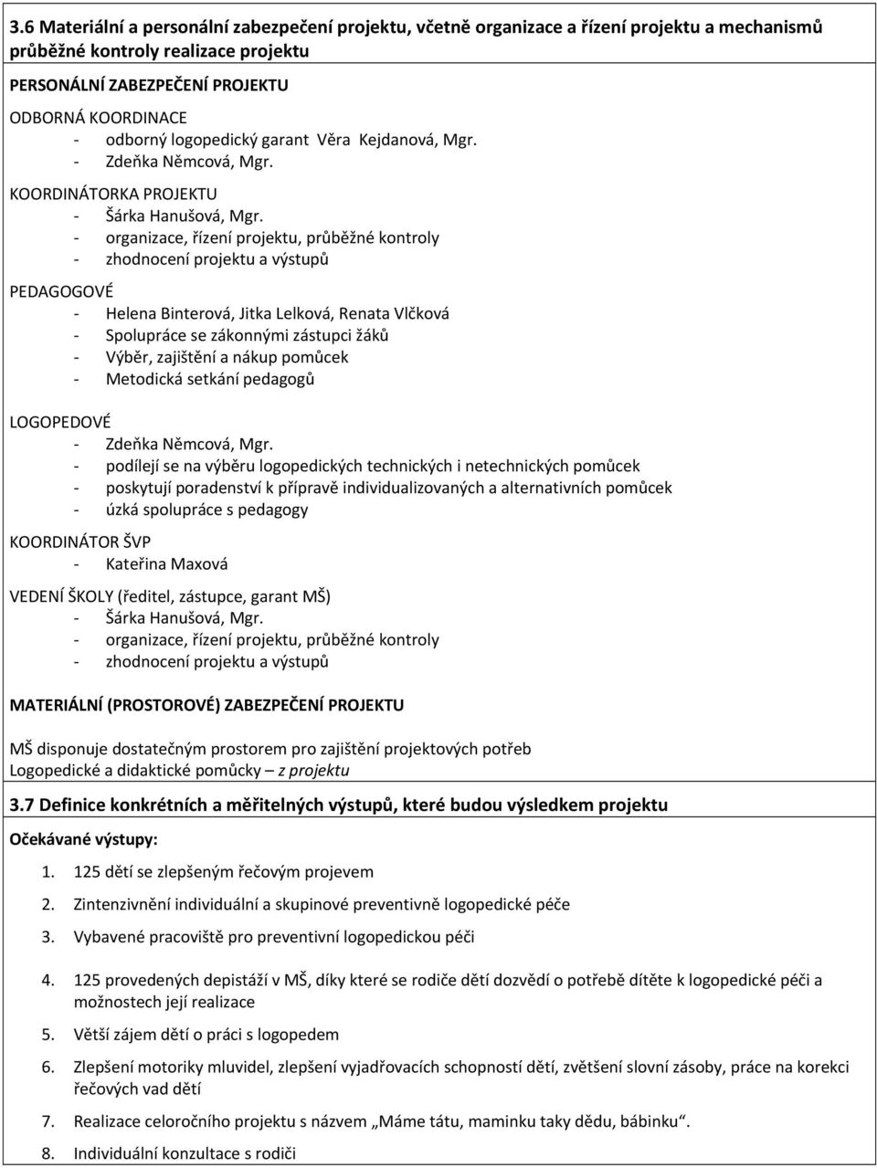 organizace, řízení projektu, průběžné kontroly zhodnocení projektu a výstupů PEDAGOGOVÉ Helena Binterová, Jitka Lelková, Renata Vlčková Spolupráce se zákonnými zástupci žáků Výběr, zajištění a nákup