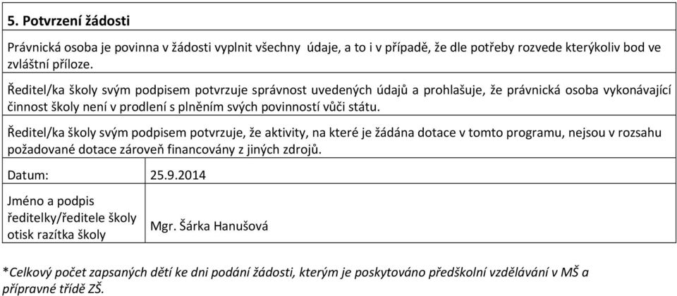 Ředitel/ka školy svým podpisem potvrzuje, že aktivity, na které je žádána dotace v tomto programu, nejsou v rozsahu požadované dotace zároveň financovány z jiných zdrojů. Datum: 25.9.