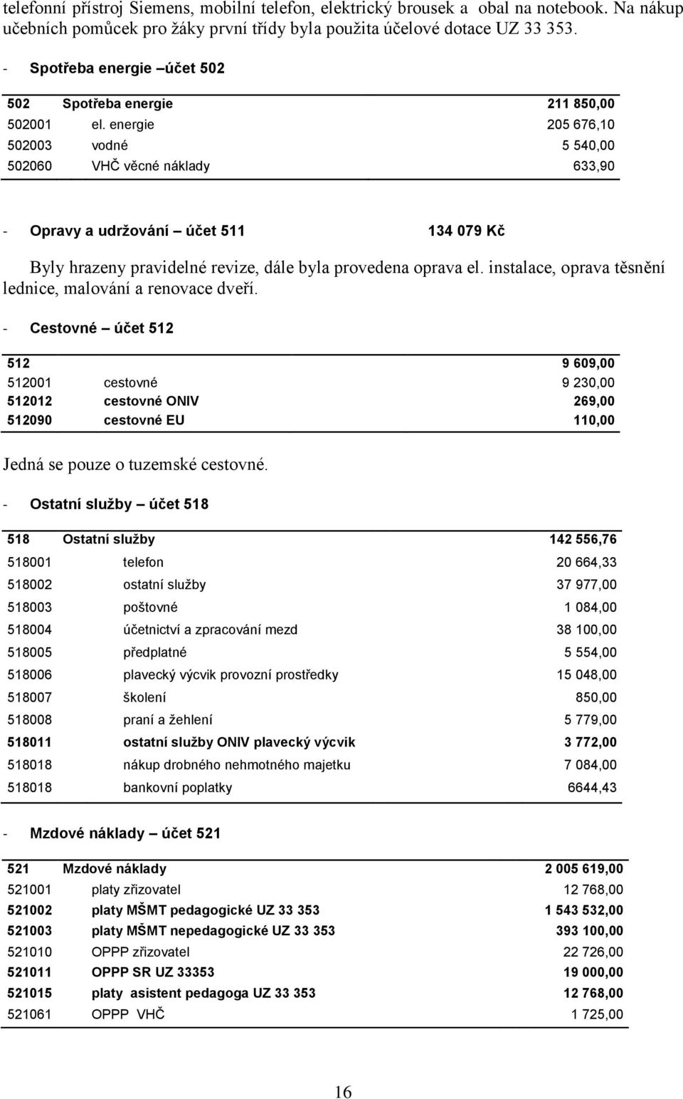 energie 205 676,10 502003 vodné 5 540,00 502060 VHČ věcné náklady 633,90 - Opravy a udržování účet 511 134 079 Kč Byly hrazeny pravidelné revize, dále byla provedena oprava el.