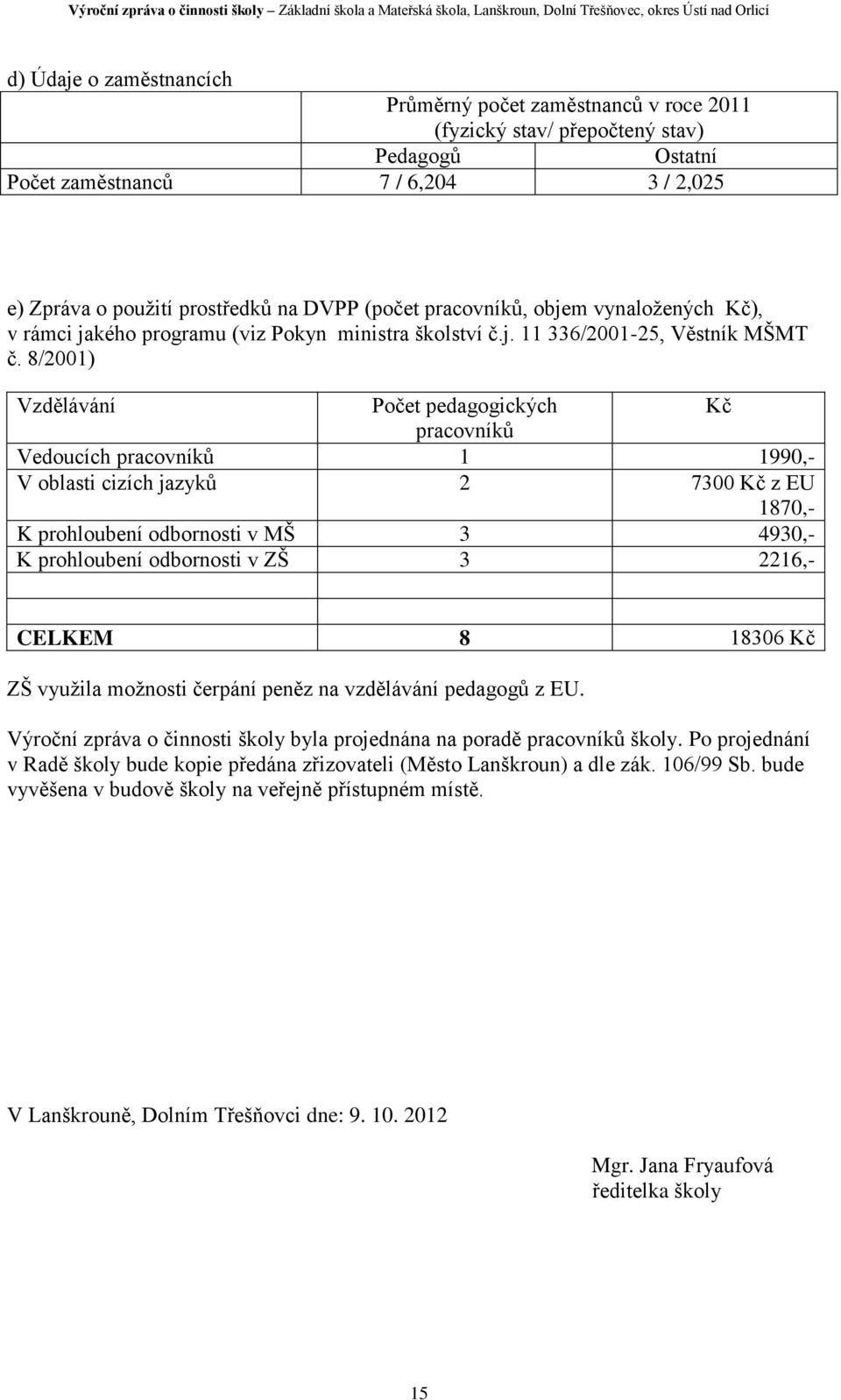 8/2001) Vzdělávání Počet pedagogických Kč pracovníků Vedoucích pracovníků 1 1990,- V oblasti cizích jazyků 2 7300 Kč z EU 1870,- K prohloubení odbornosti v MŠ 3 4930,- K prohloubení odbornosti v ZŠ 3