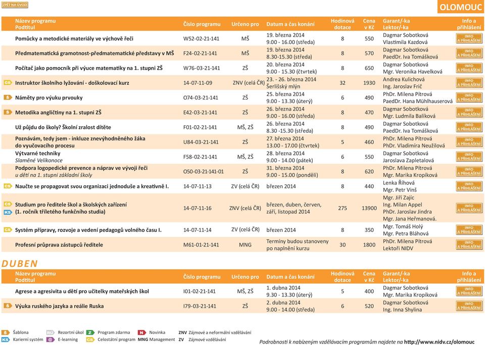 30 (čtvrtek) Instruktor školního lyžování - doškolovací kurz 14-07-11-09 23. - 26. března 2014 ZNV (celá ČR) Šerlišský mlýn Náměty pro výuku prvouky O74-03-21-141 ZŠ 25. března 2014 9.00-13.