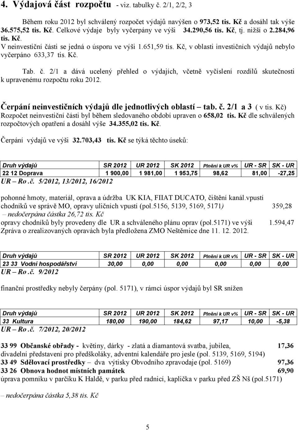 Čerpání neinvestičních výdajů dle jednotlivých oblastí tab. č. 2/1 a 3 ( v tis. Kč) Rozpočet neinvestiční části byl během sledovaného období upraven o 658,02 tis.